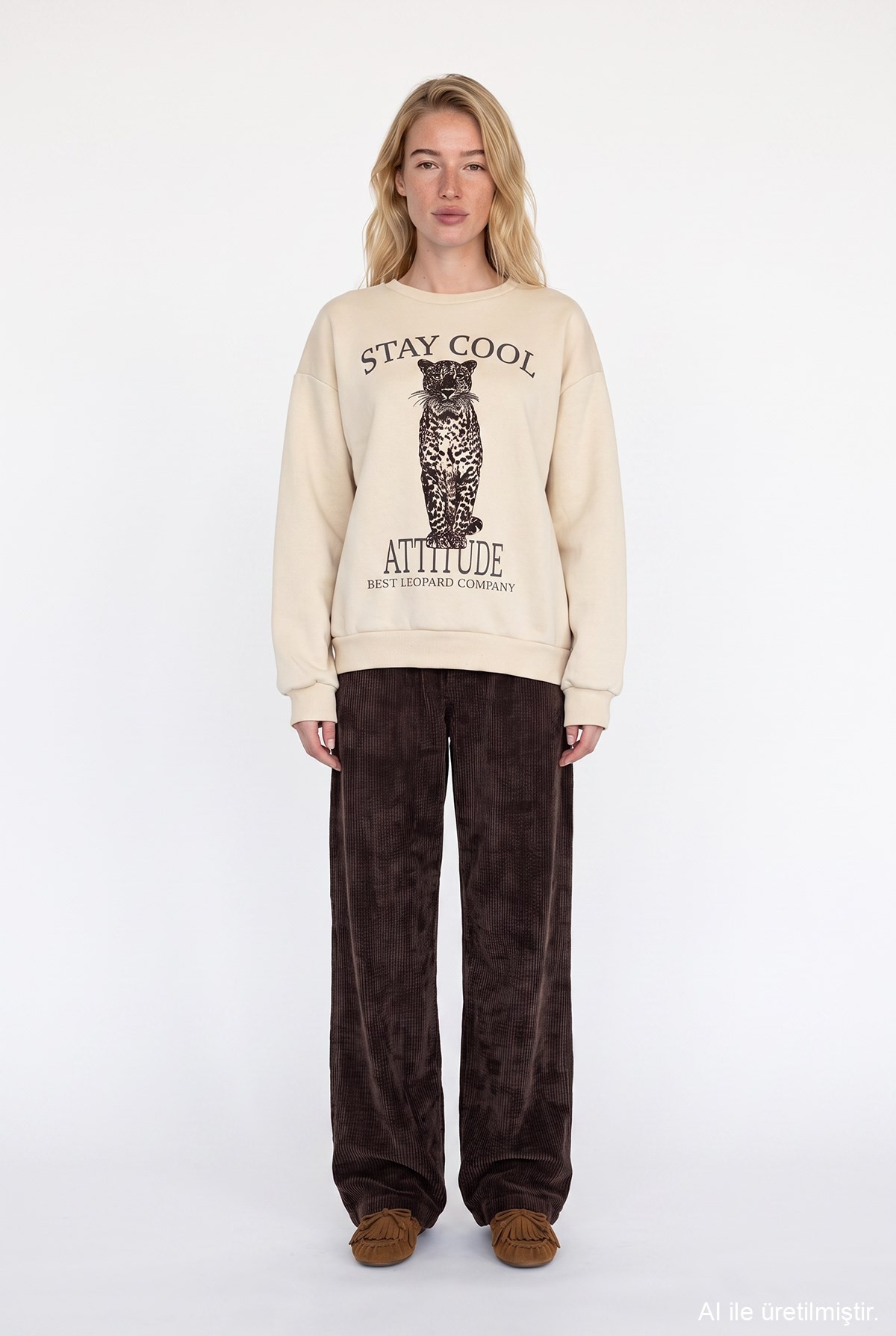 Quzu Baskı Detaylı Sweatshirt Bej