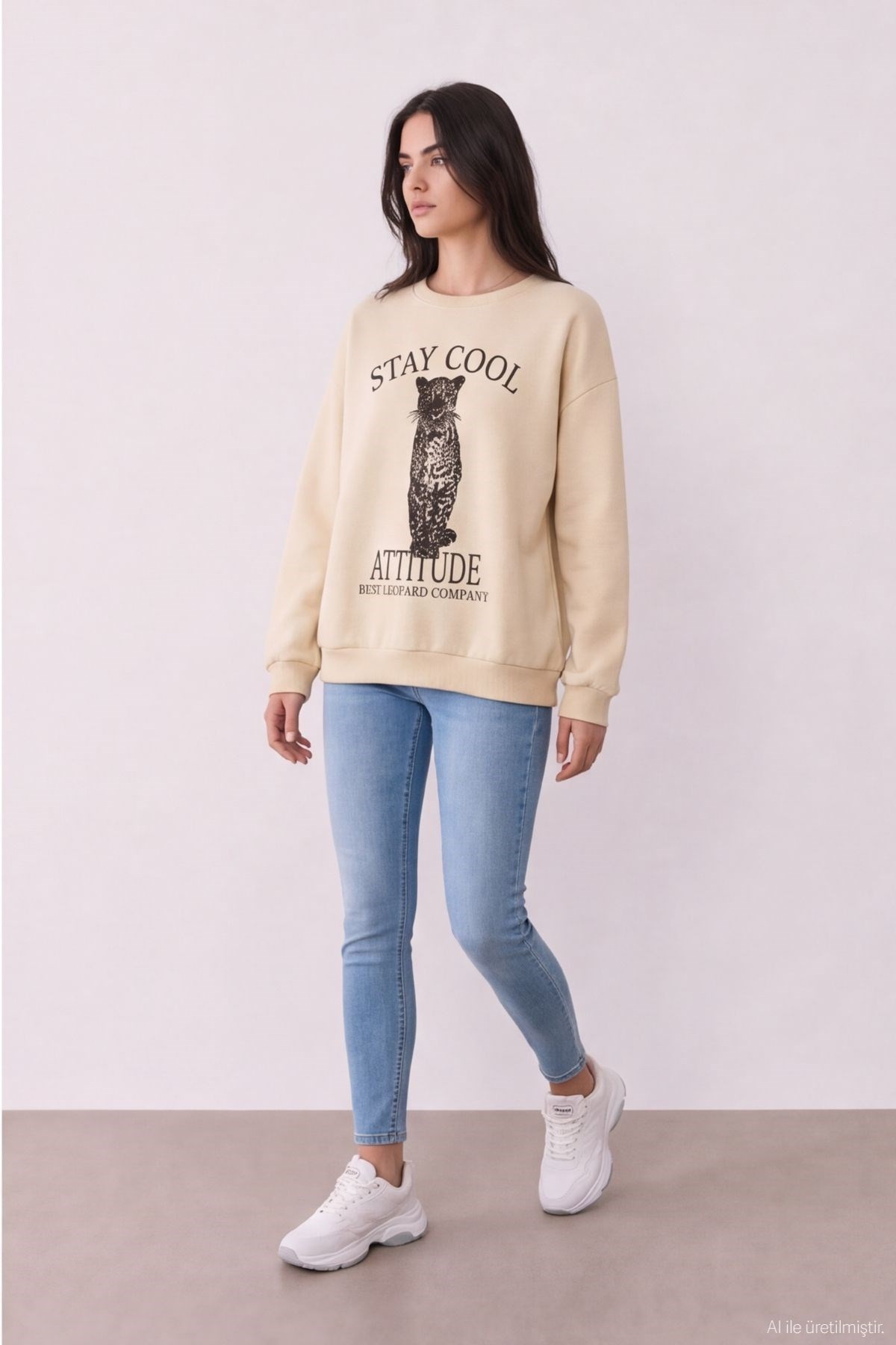 Quzu Baskı Detaylı Sweatshirt Bej