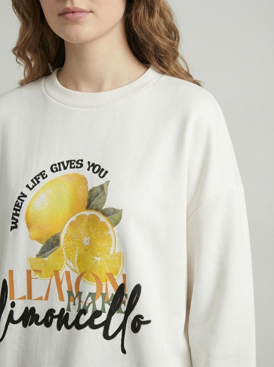 Quzu Baskı Detaylı Sweatshirt Ekru