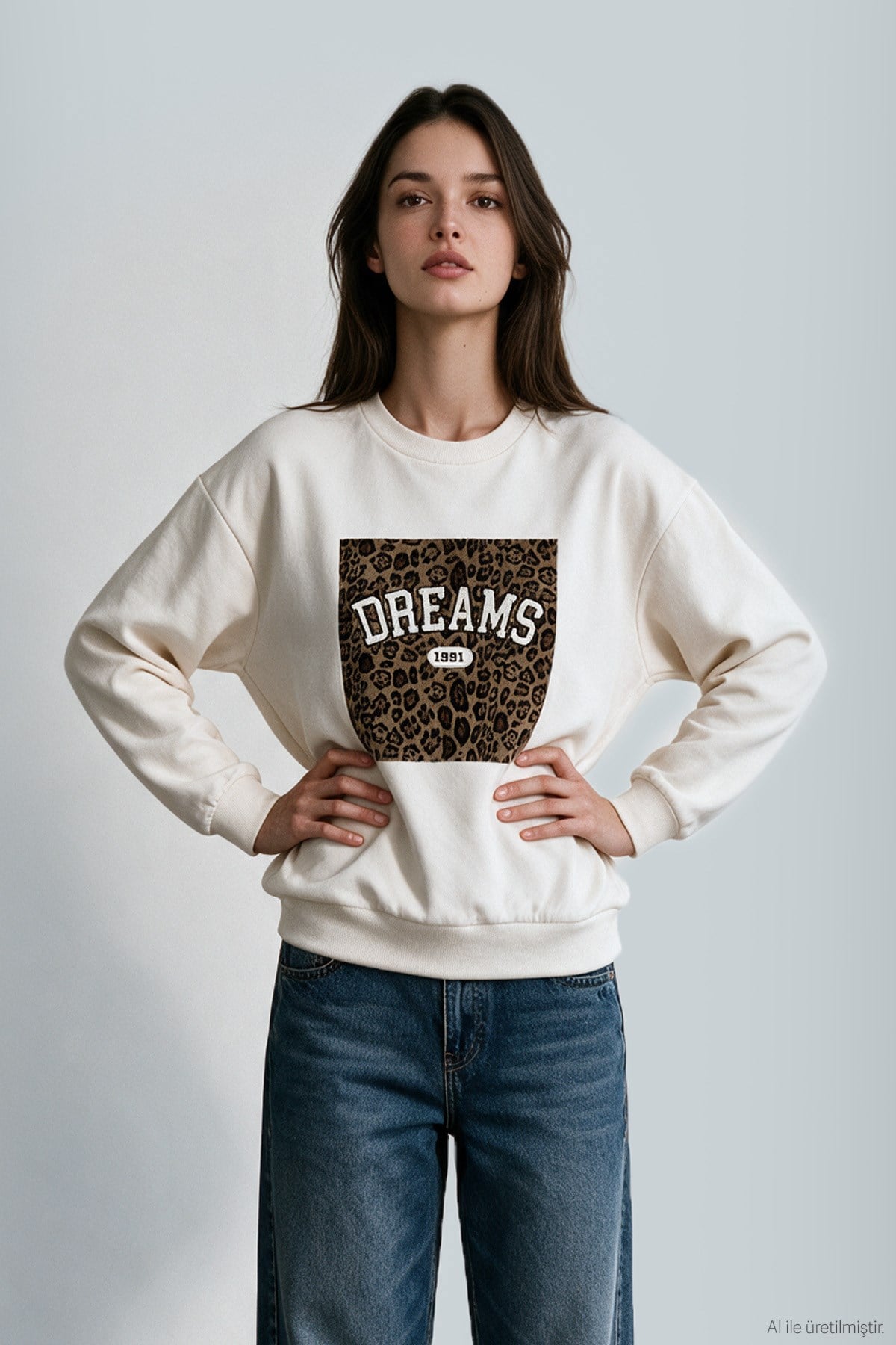 Quzu Baskı Detaylı Sweatshirt Ekru