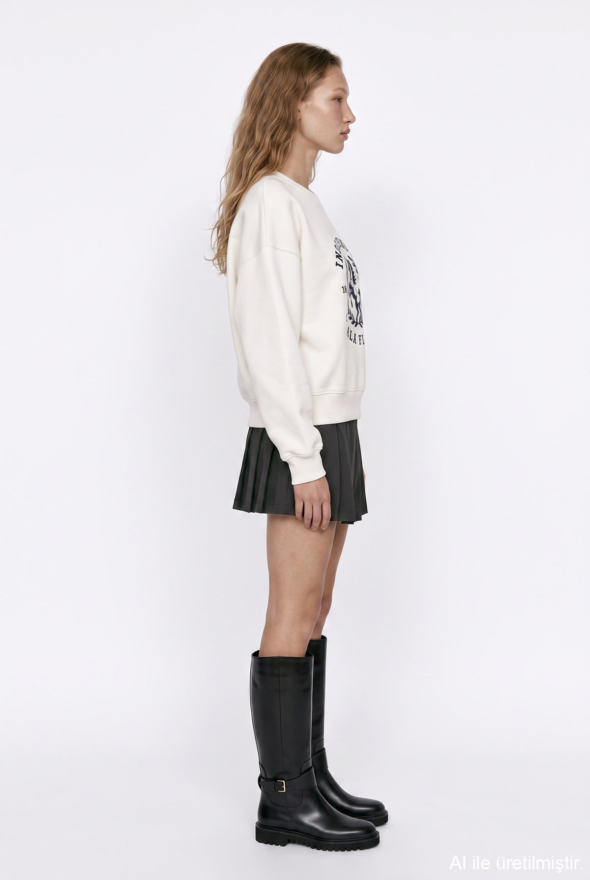 Quzu Baskı Detaylı Sweatshirt Ekru