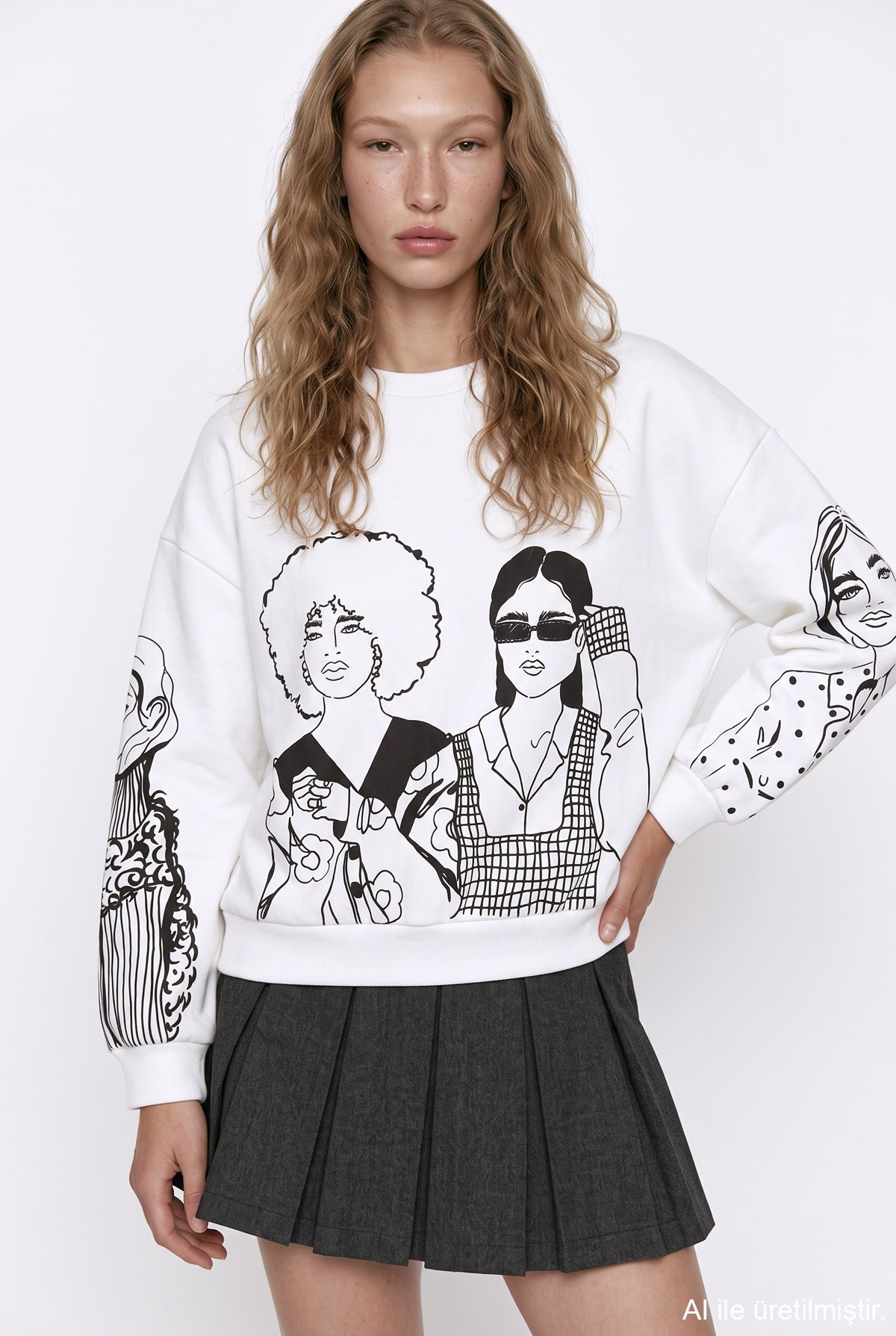 Quzu Baskı Detaylı Sweatshirt Ekru