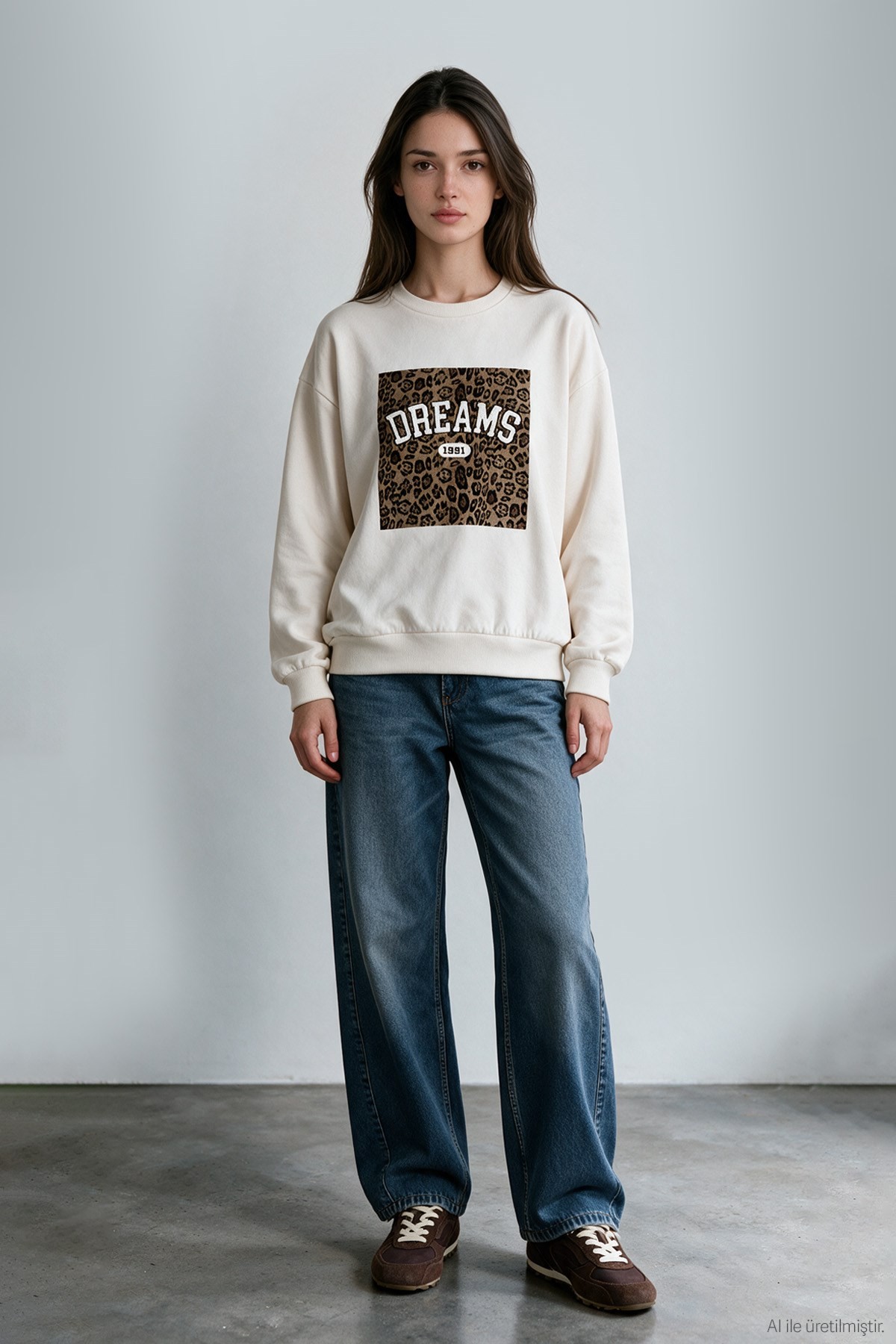 Quzu Baskı Detaylı Sweatshirt Ekru