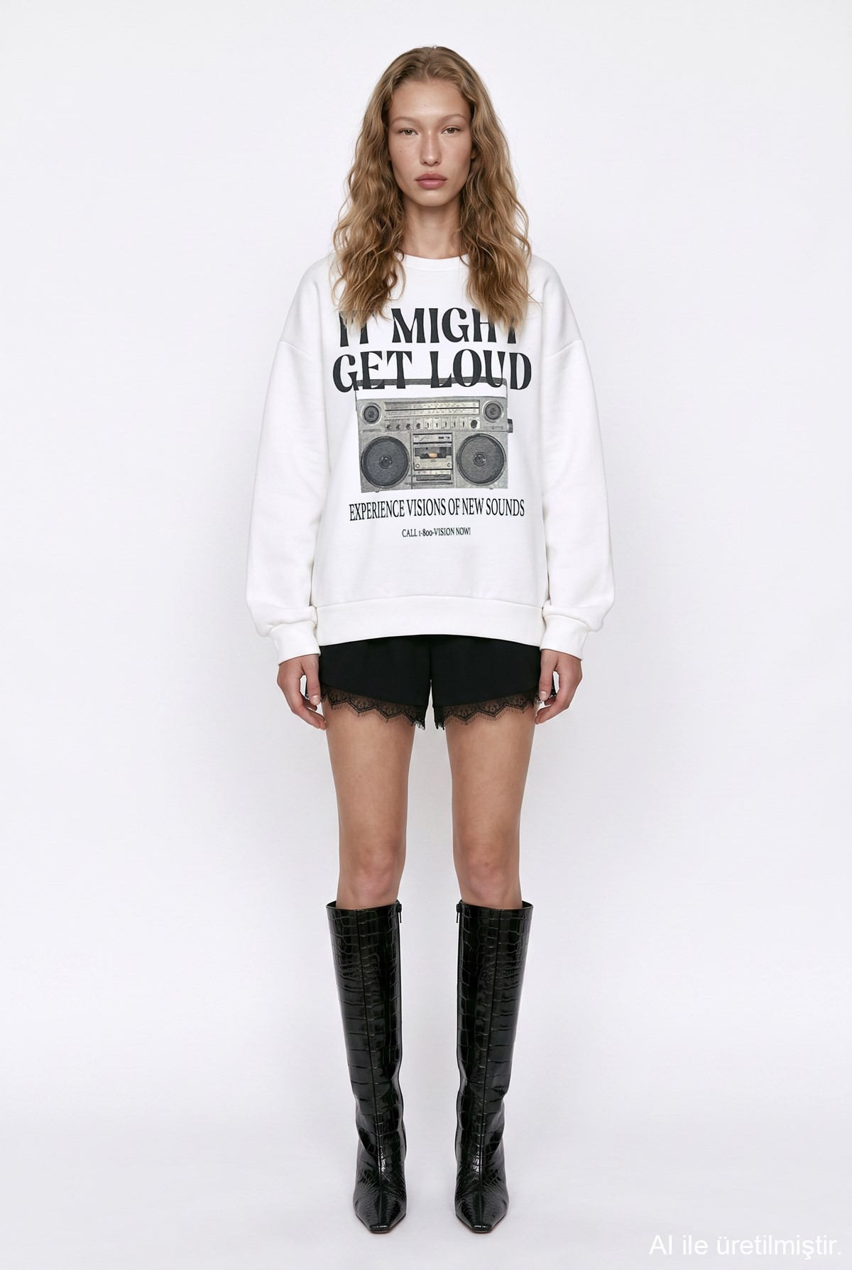 Quzu Baskı Detaylı Sweatshirt Ekru