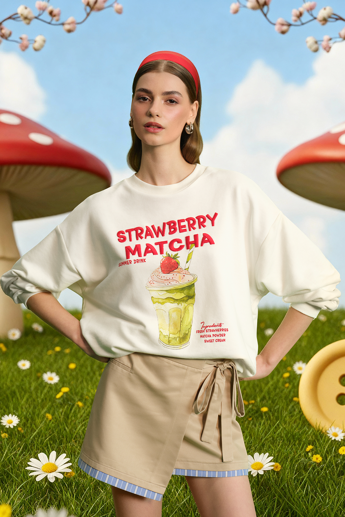 Quzu Baskı Detaylı Sweatshirt Ekru