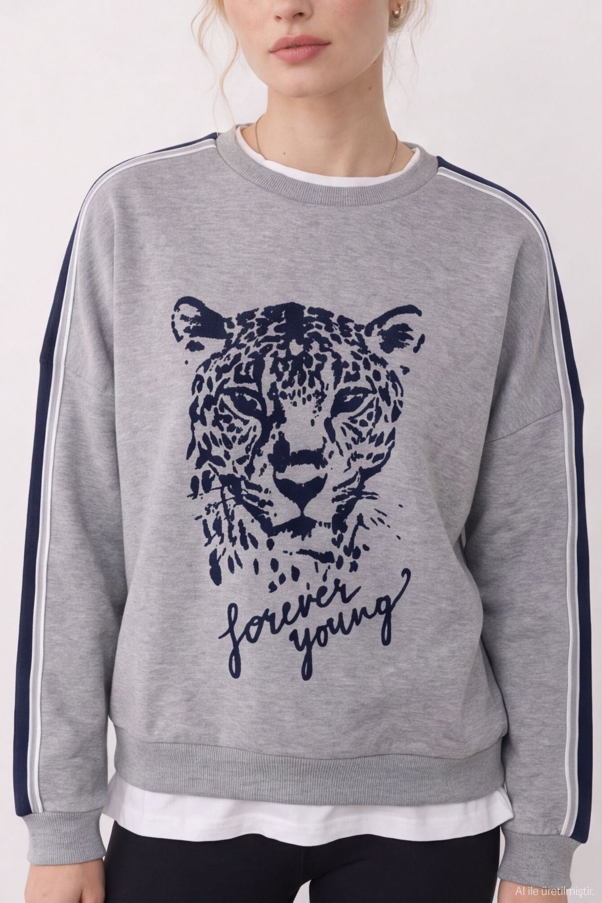 Quzu Baskı Detaylı Sweatshirt Gri Melanj