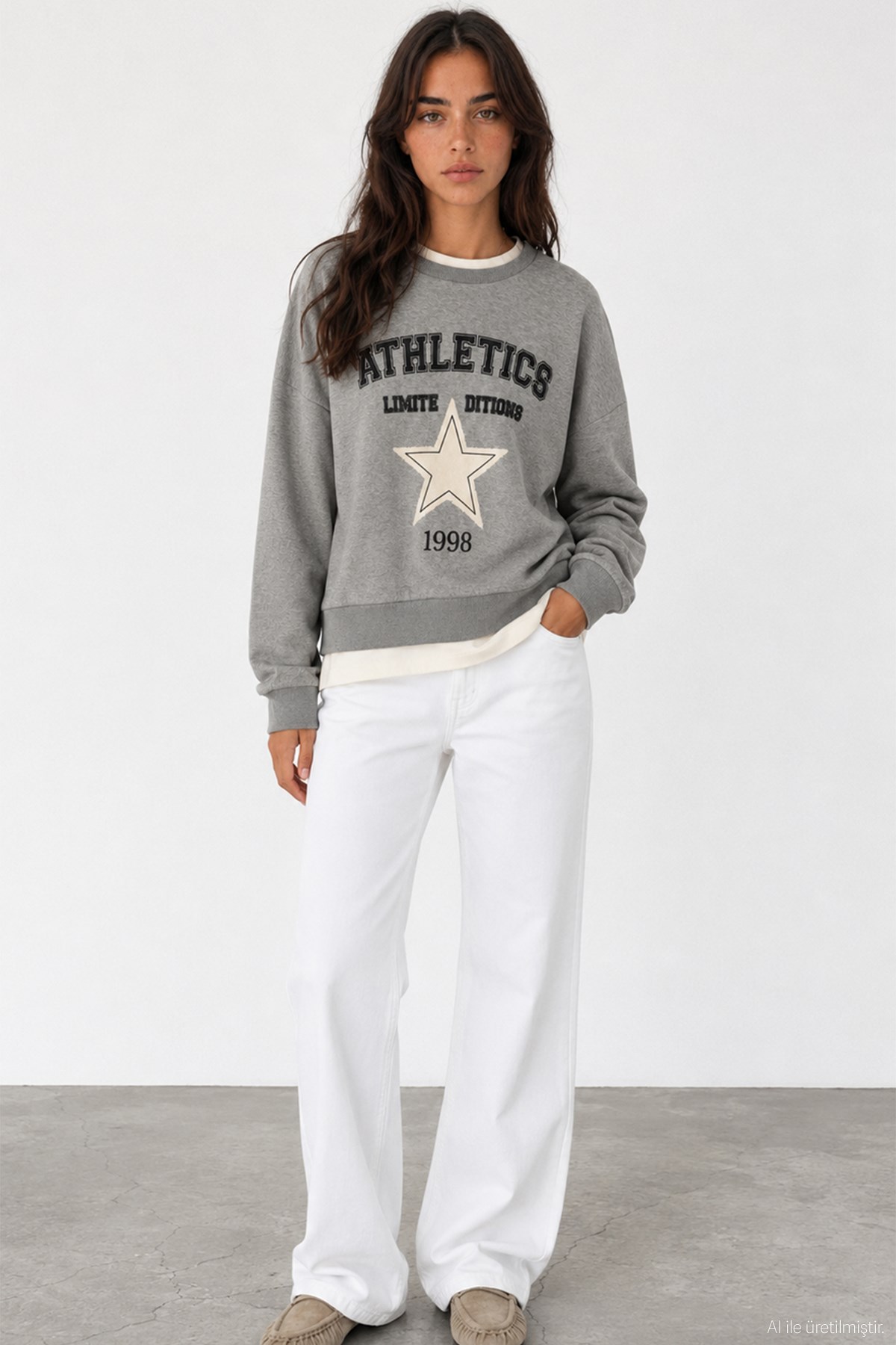 Quzu Baskı Detaylı Sweatshirt Gri Melanj