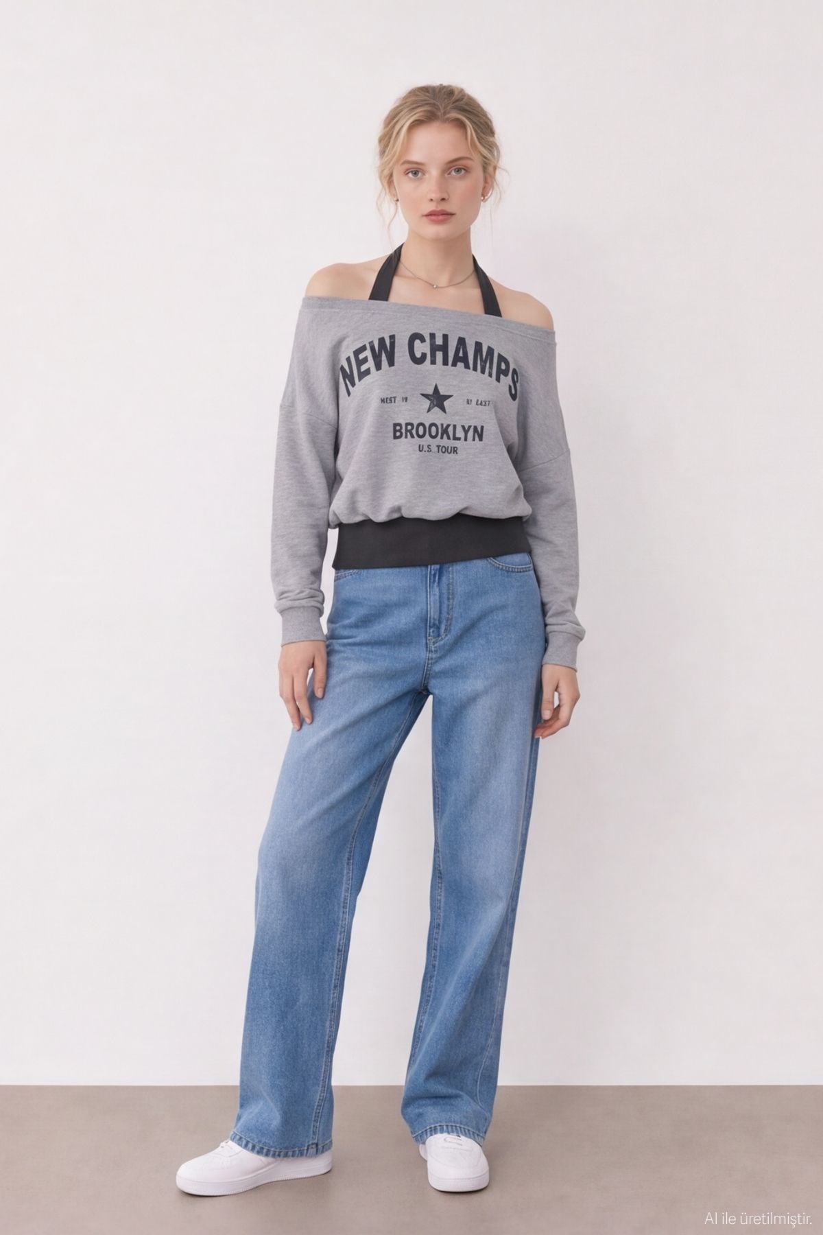 Quzu Baskı Detaylı Sweatshirt Gri Melanj