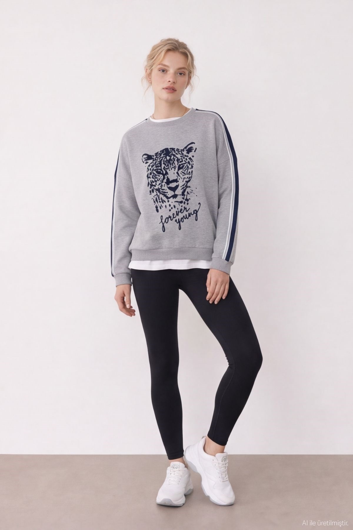 Quzu Baskı Detaylı Sweatshirt Gri Melanj