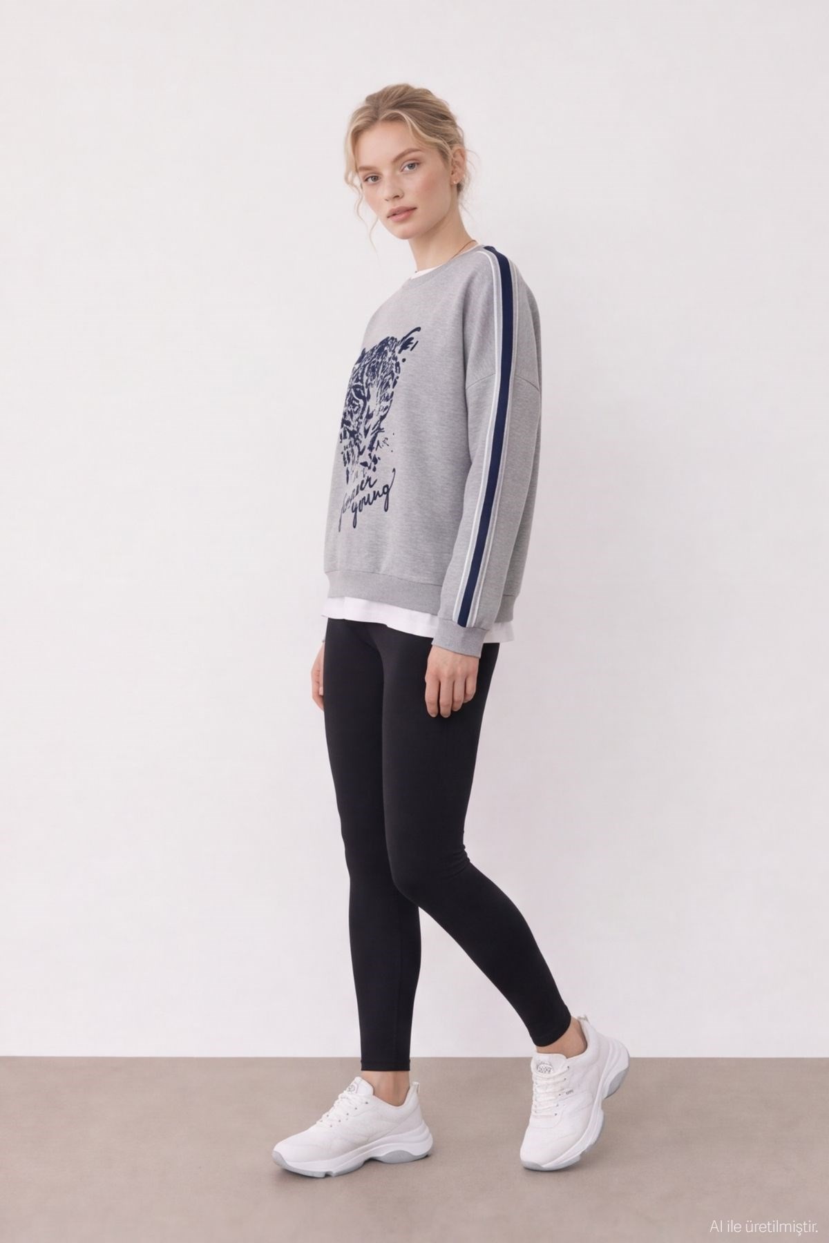 Quzu Baskı Detaylı Sweatshirt Gri Melanj