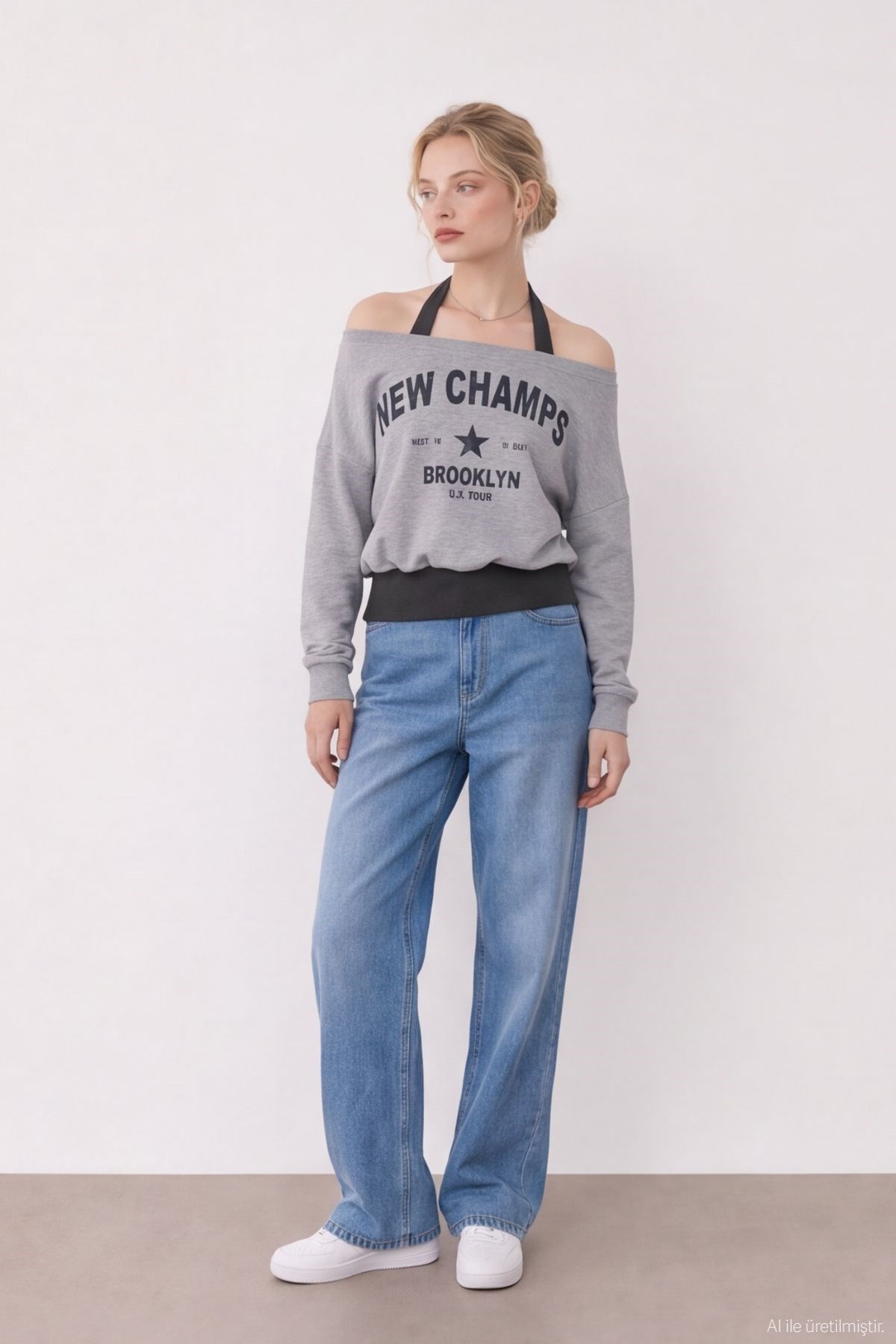 Quzu Baskı Detaylı Sweatshirt Gri Melanj