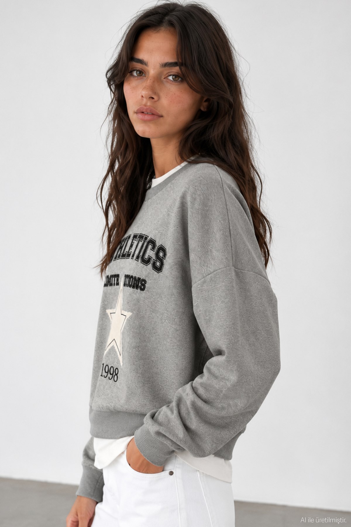 Quzu Baskı Detaylı Sweatshirt Gri Melanj