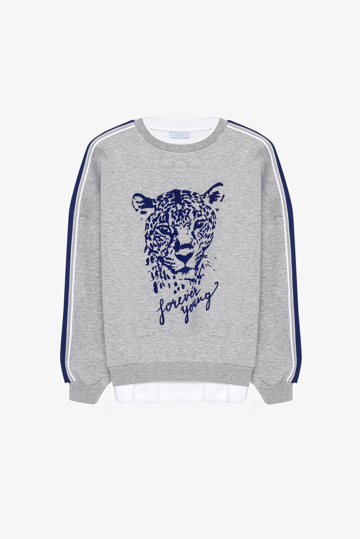 Quzu Baskı Detaylı Sweatshirt Gri Melanj