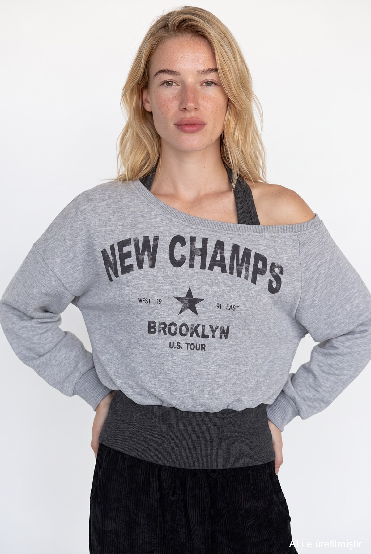 Quzu Baskı Detaylı Sweatshirt Gri Melanj