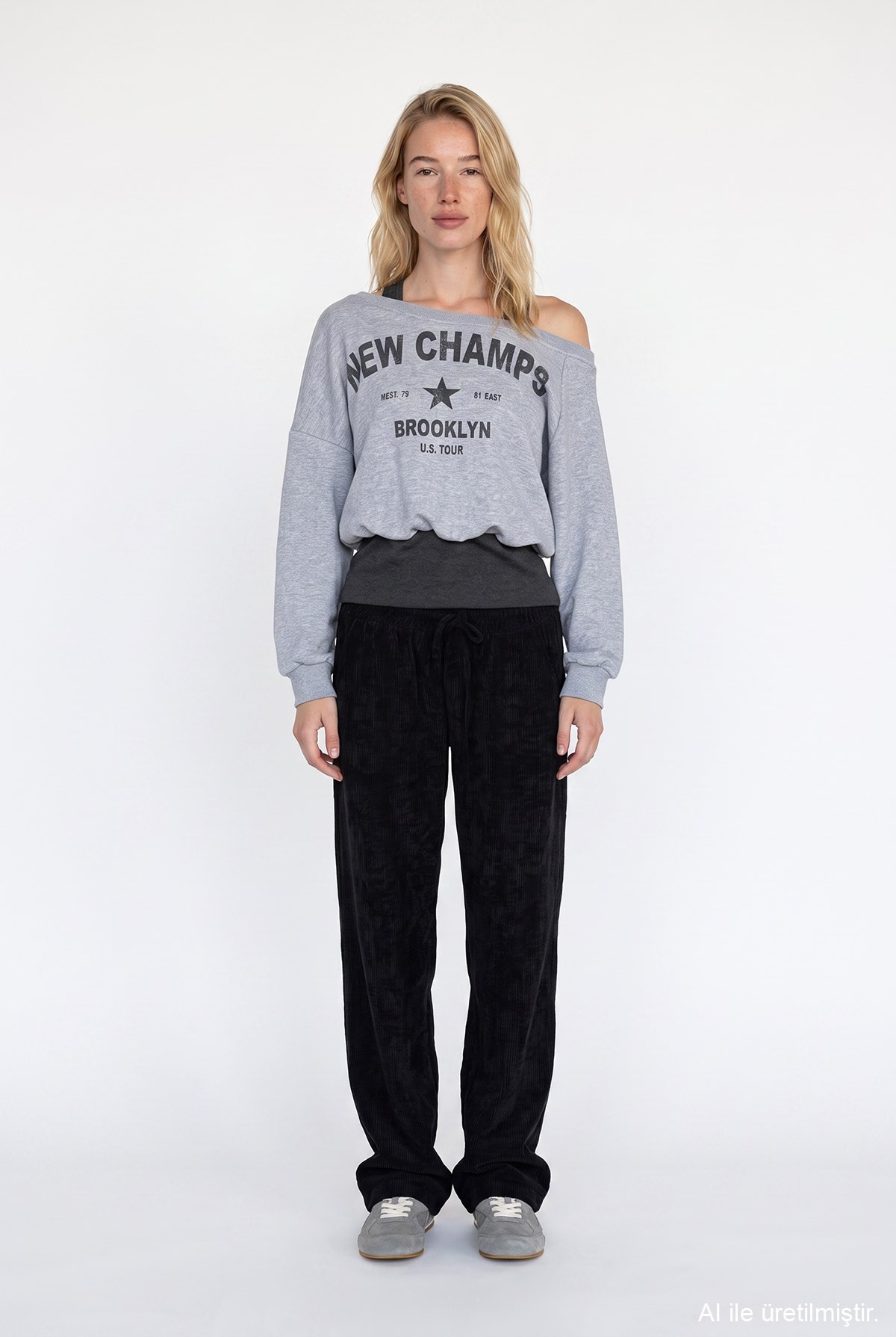 Quzu Baskı Detaylı Sweatshirt Gri Melanj