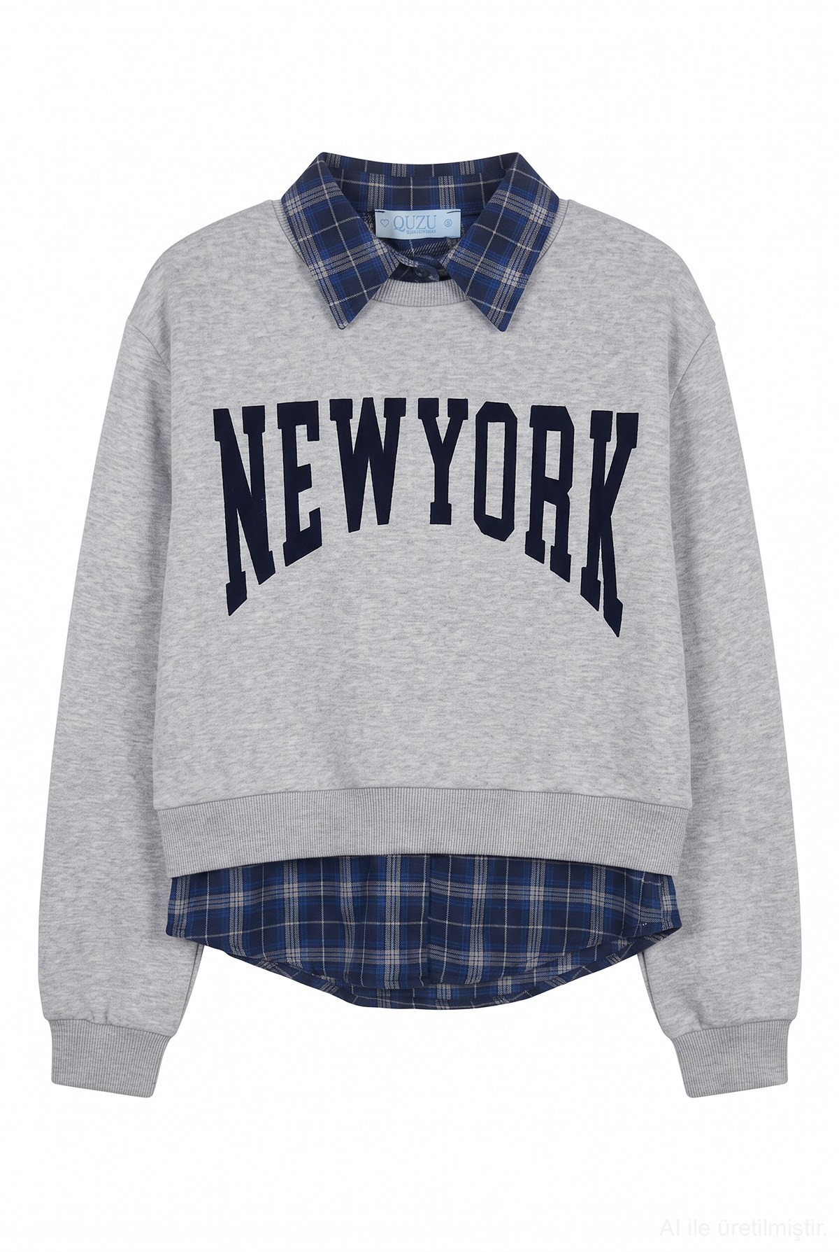 Quzu Baskı Detaylı Sweatshirt Gri Melanj