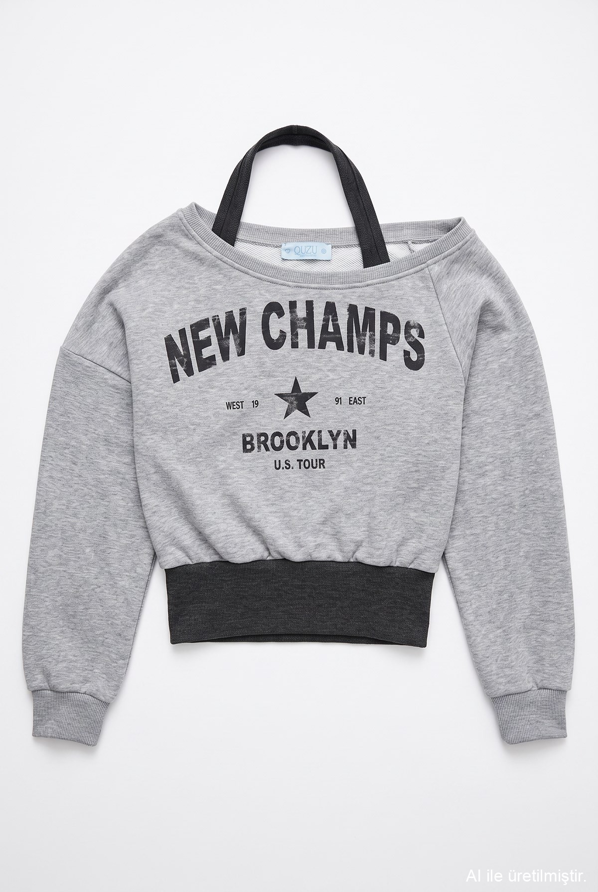 Quzu Baskı Detaylı Sweatshirt Gri Melanj
