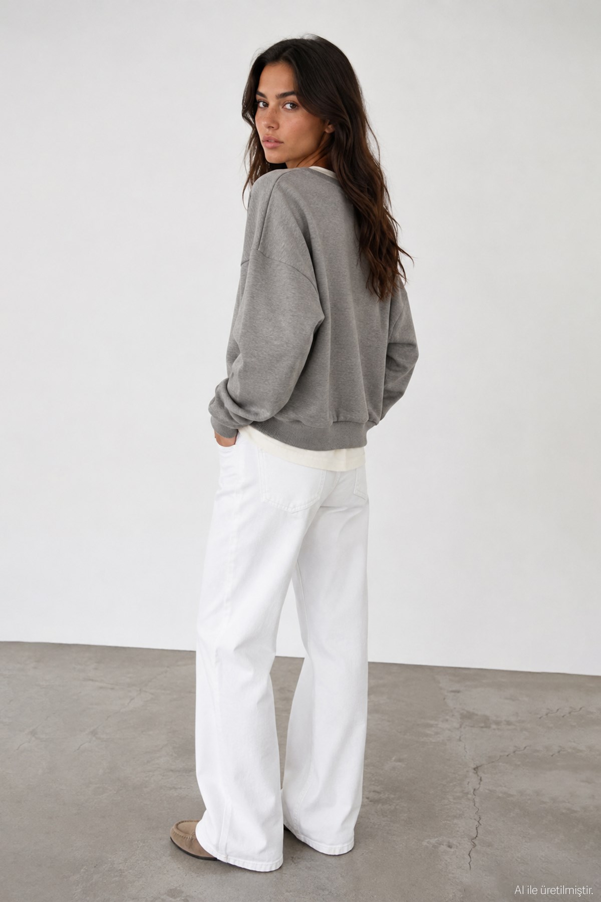 Quzu Baskı Detaylı Sweatshirt Gri Melanj