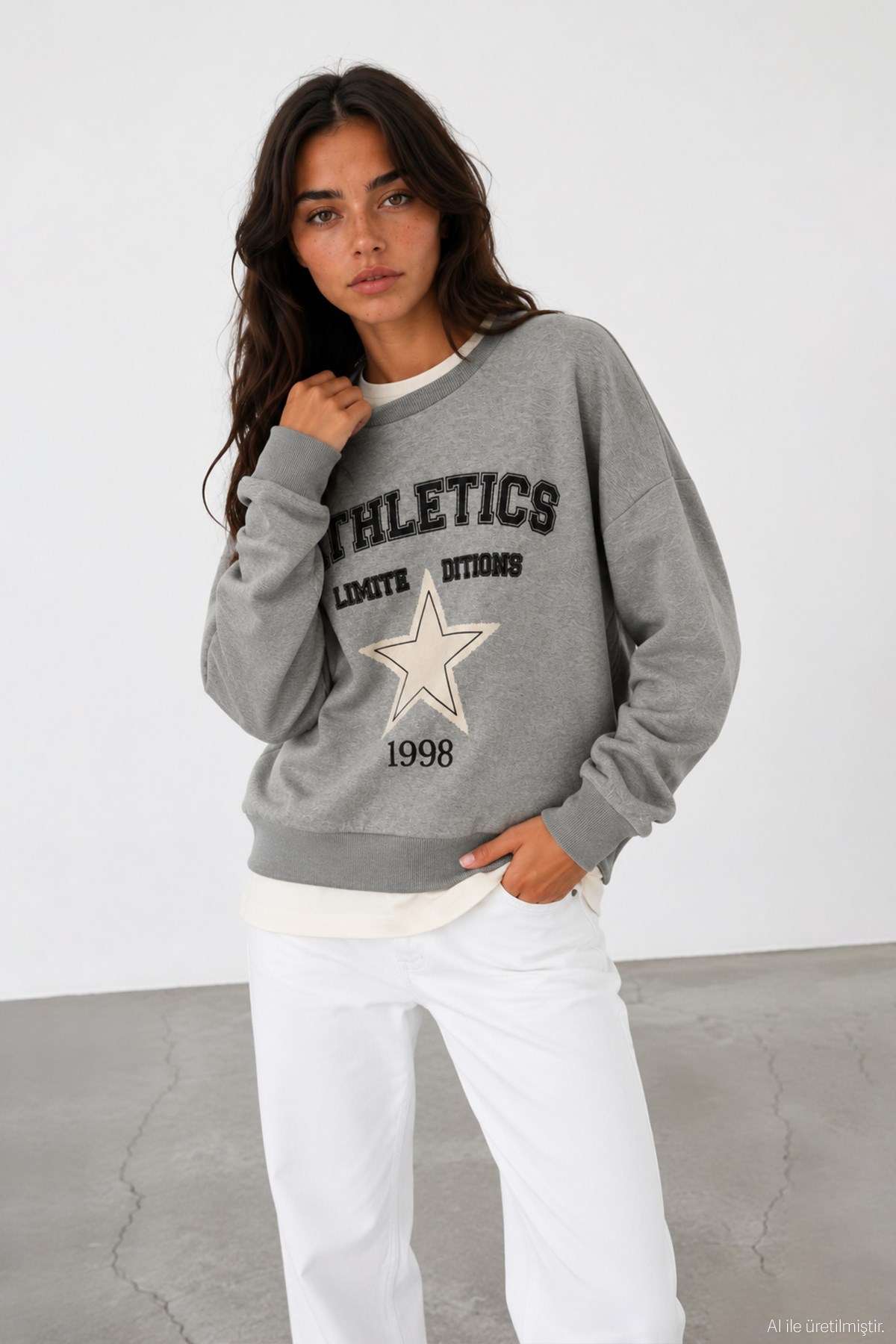 Quzu Baskı Detaylı Sweatshirt Gri Melanj