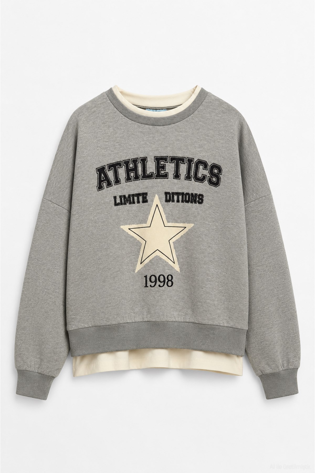 Quzu Baskı Detaylı Sweatshirt Gri Melanj