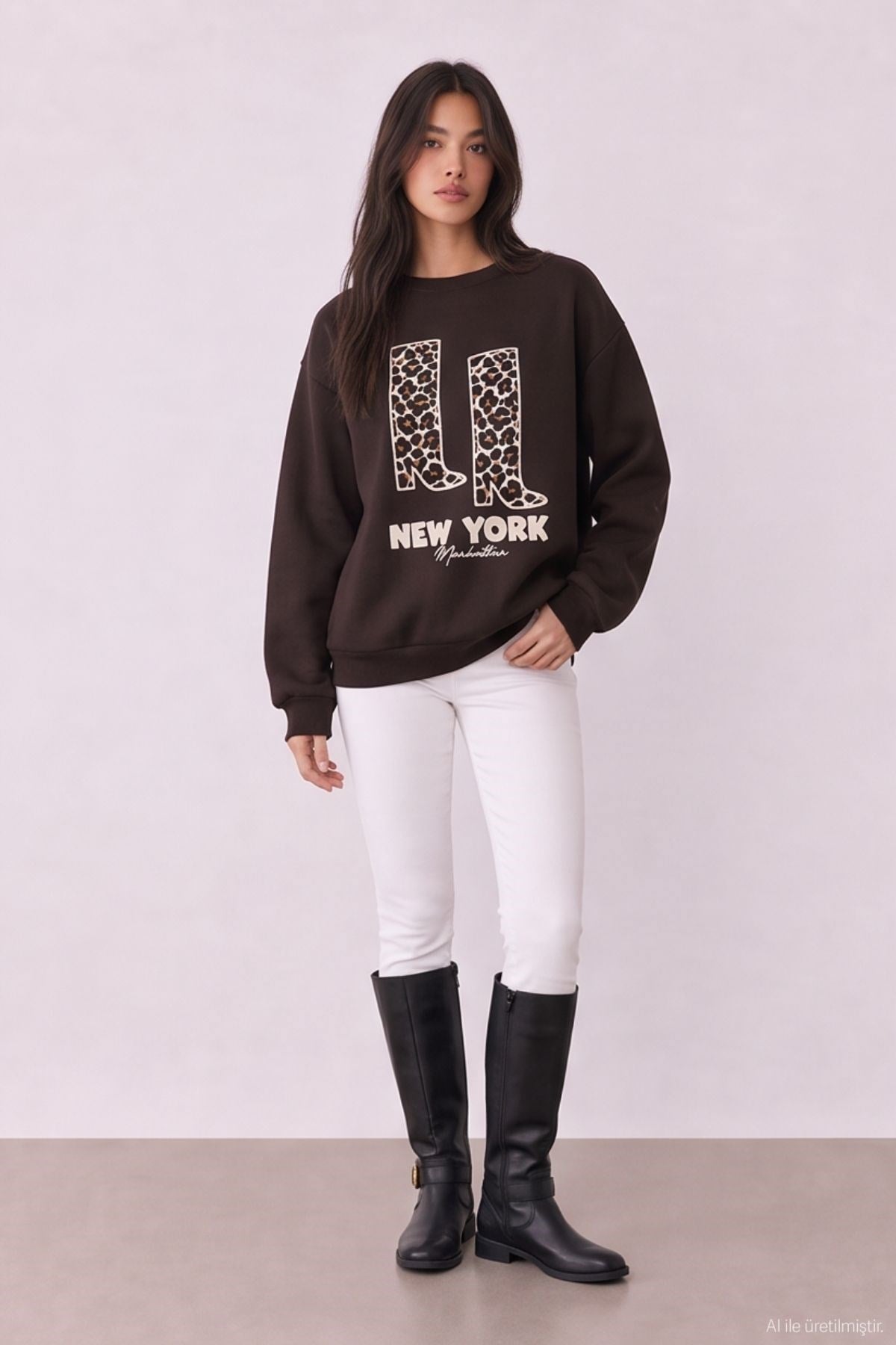 Quzu Baskı Detaylı Sweatshirt Kahve