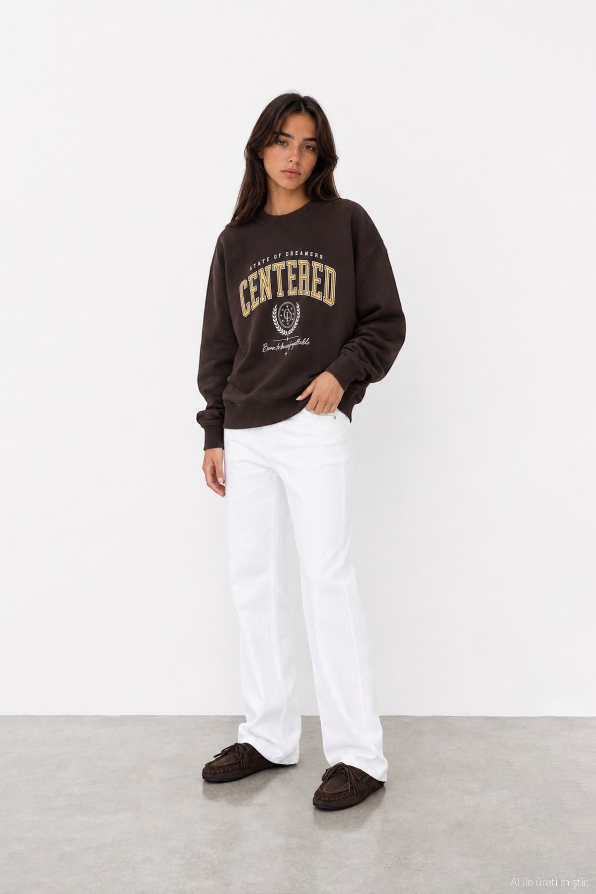 Quzu Baskı Detaylı Sweatshirt Kahve