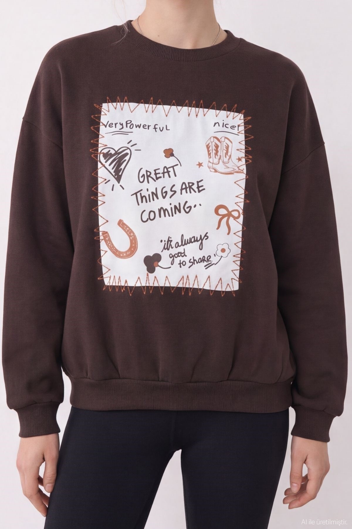 Quzu Baskı Detaylı Sweatshirt Kahve