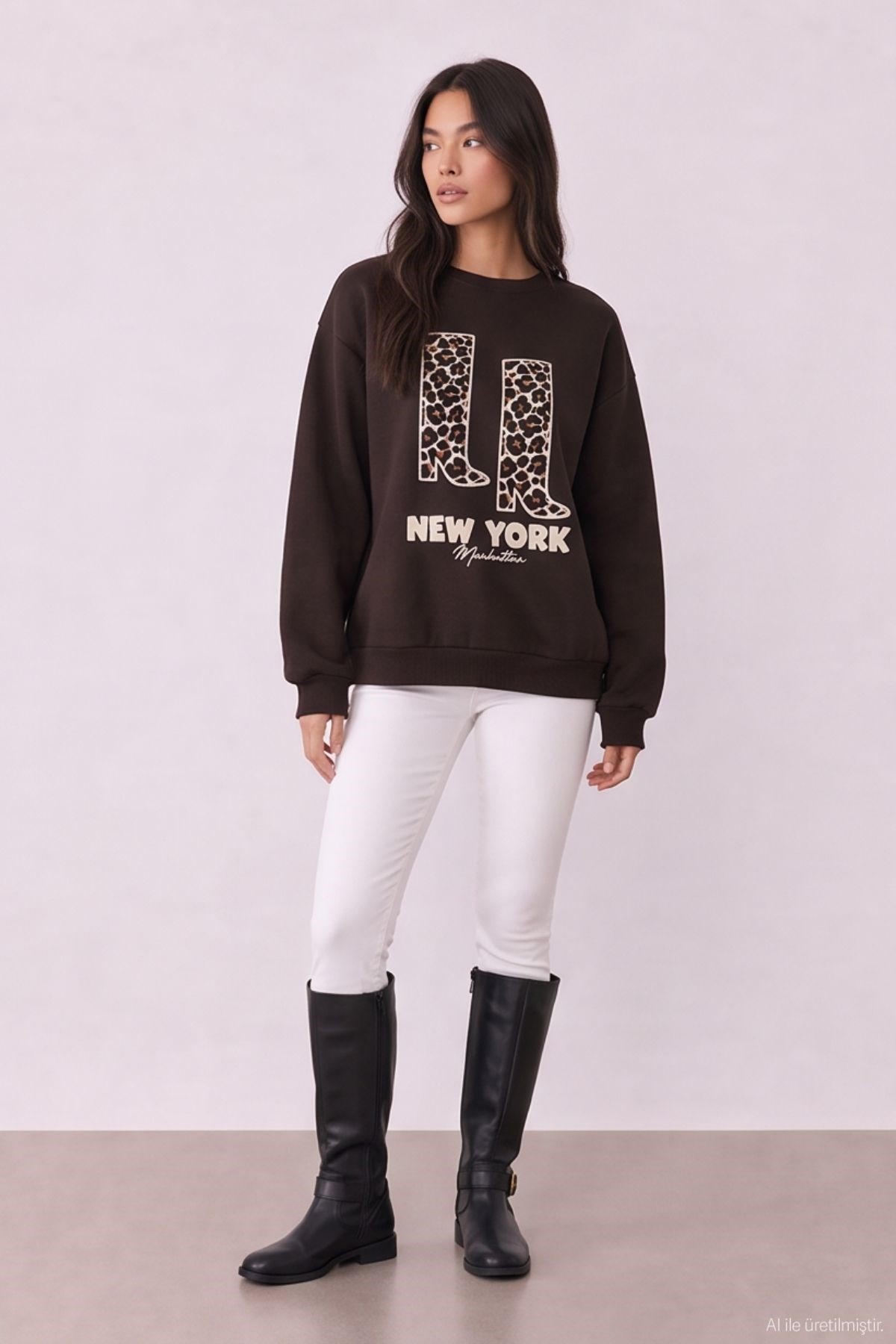 Quzu Baskı Detaylı Sweatshirt Kahve