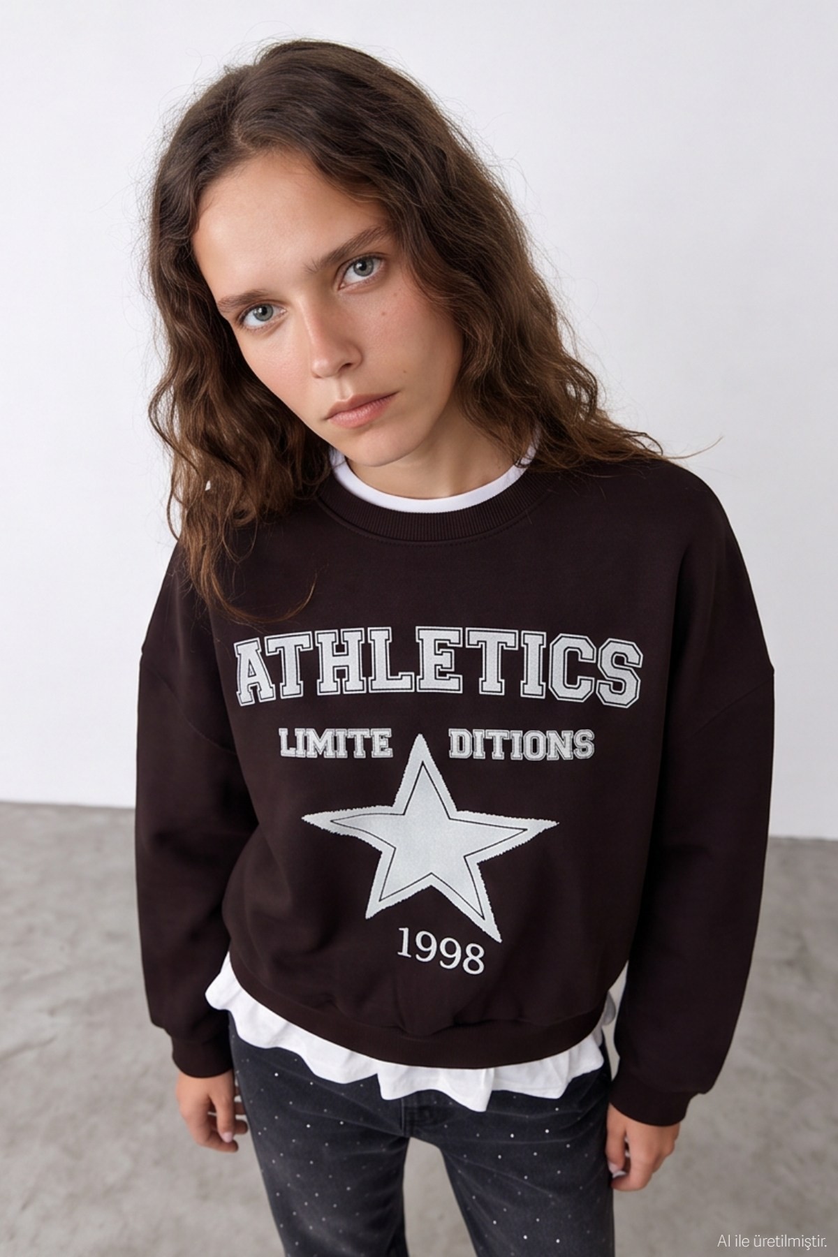 Quzu Baskı Detaylı Sweatshirt Kahve