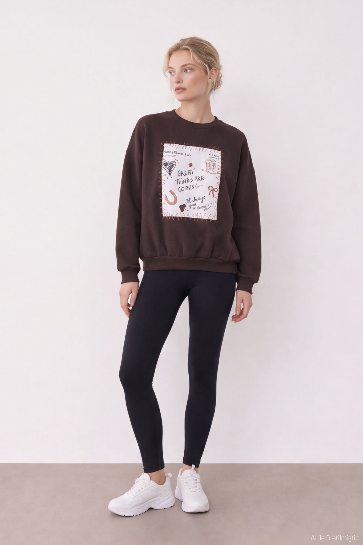 Quzu Baskı Detaylı Sweatshirt Kahve