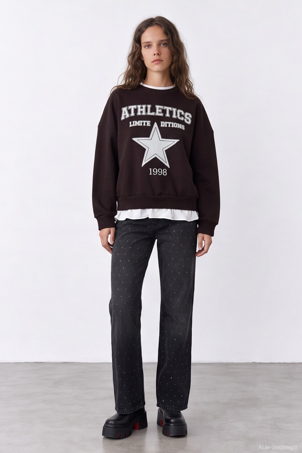 Quzu Baskı Detaylı Sweatshirt Kahve