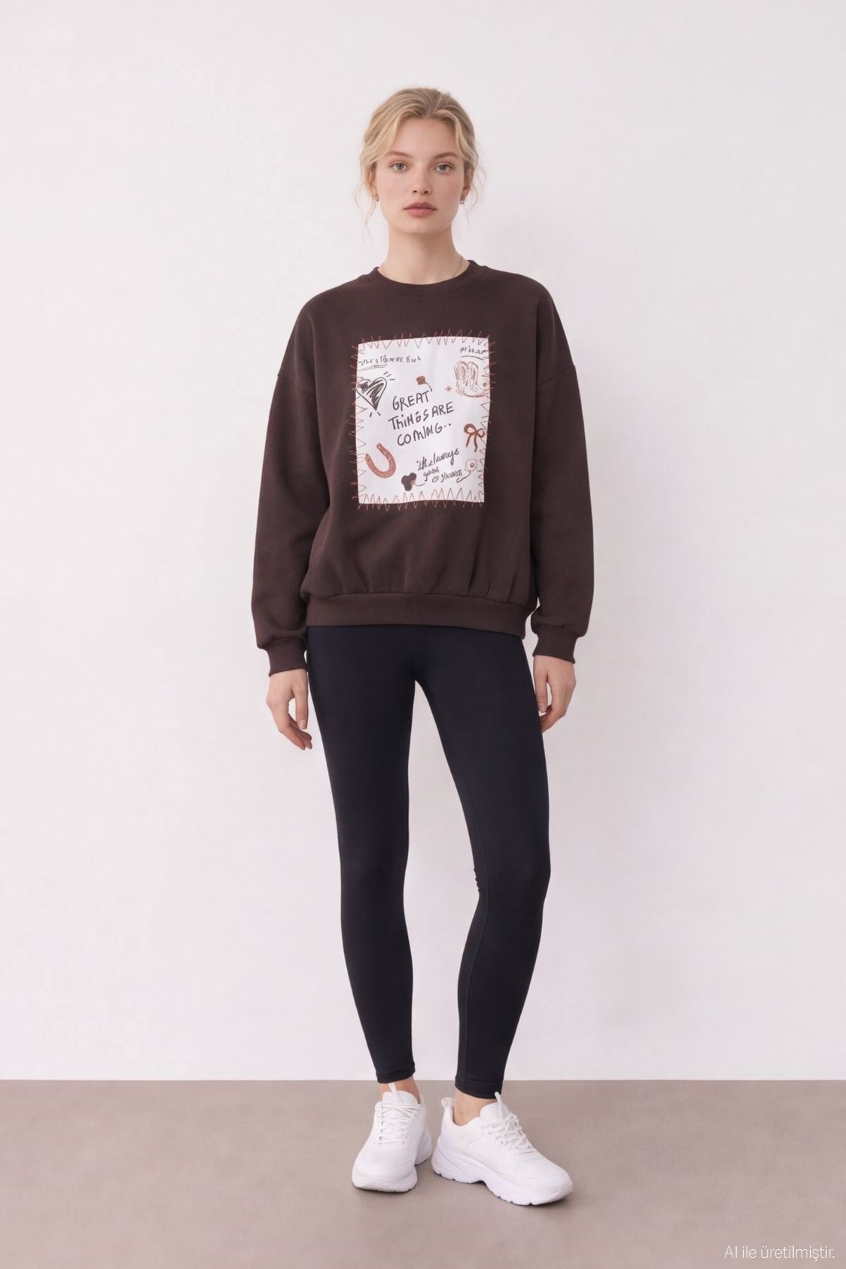 Quzu Baskı Detaylı Sweatshirt Kahve