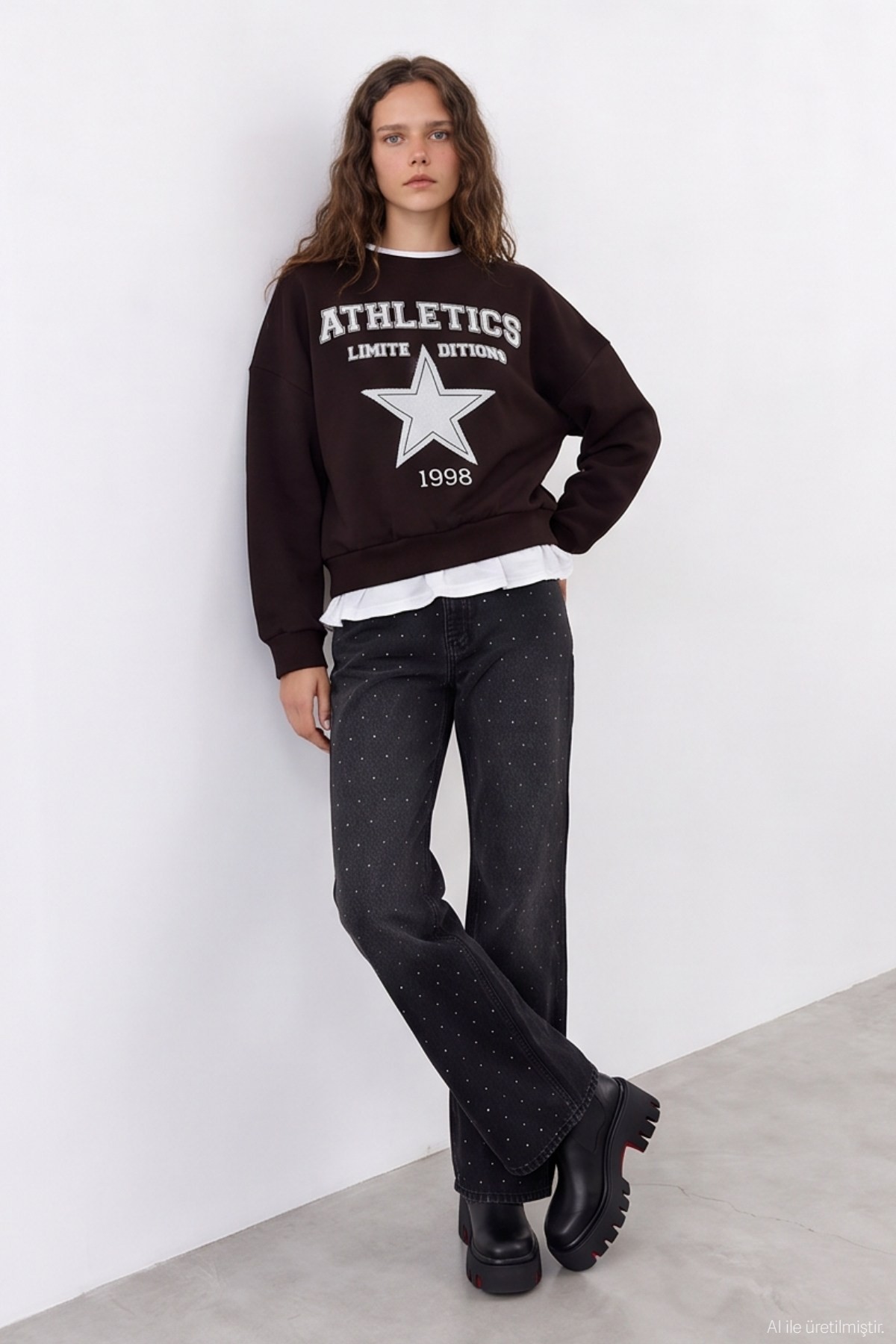 Quzu Baskı Detaylı Sweatshirt Kahve