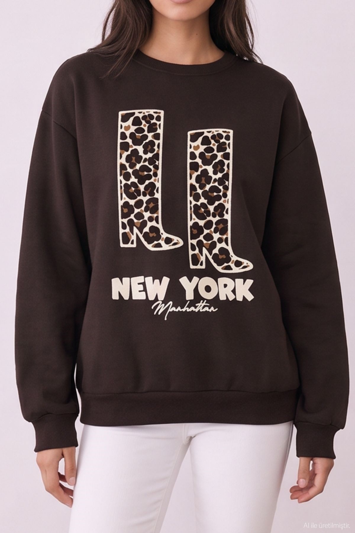 Quzu Baskı Detaylı Sweatshirt Kahve