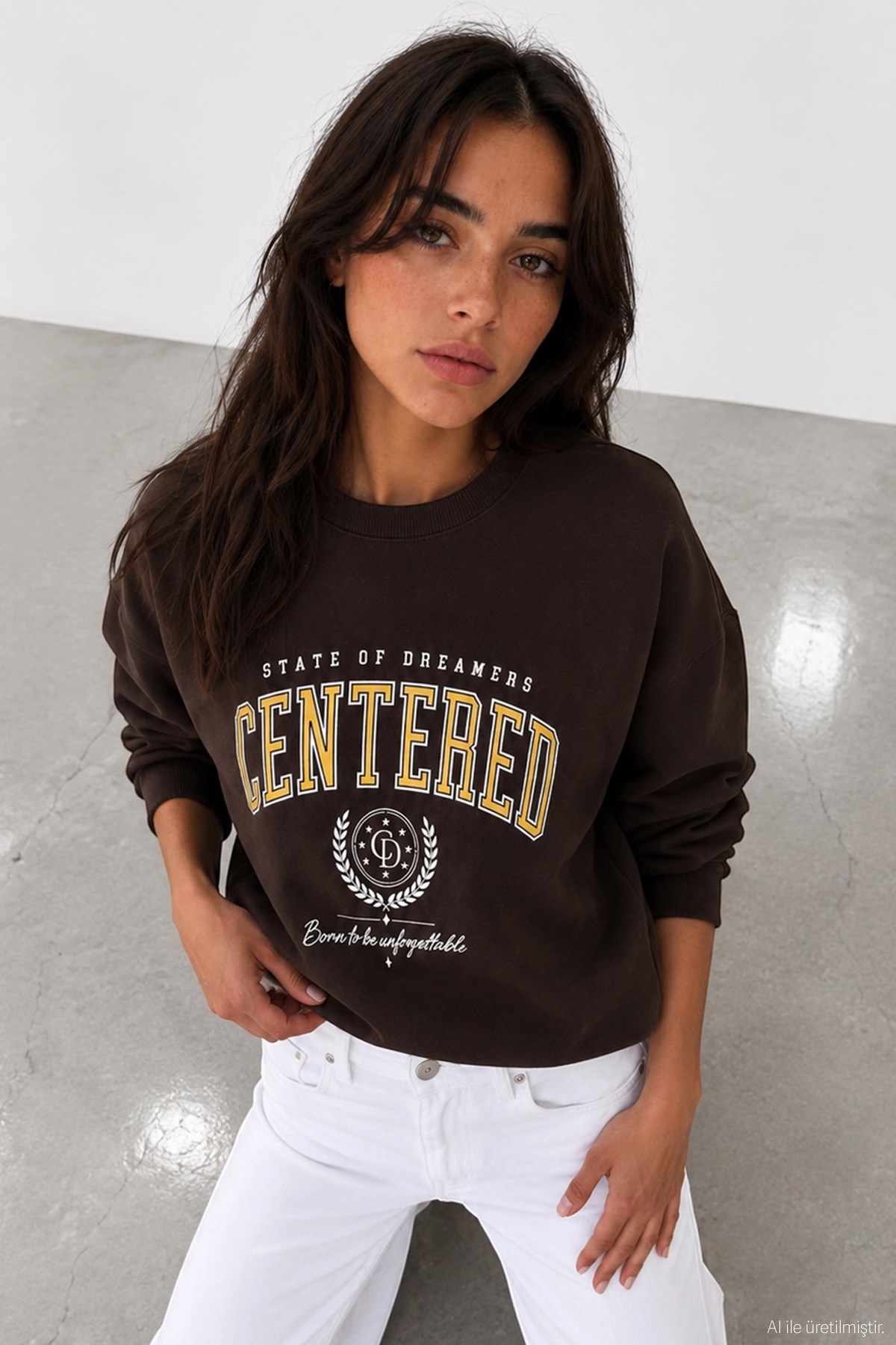 Quzu Baskı Detaylı Sweatshirt Kahve