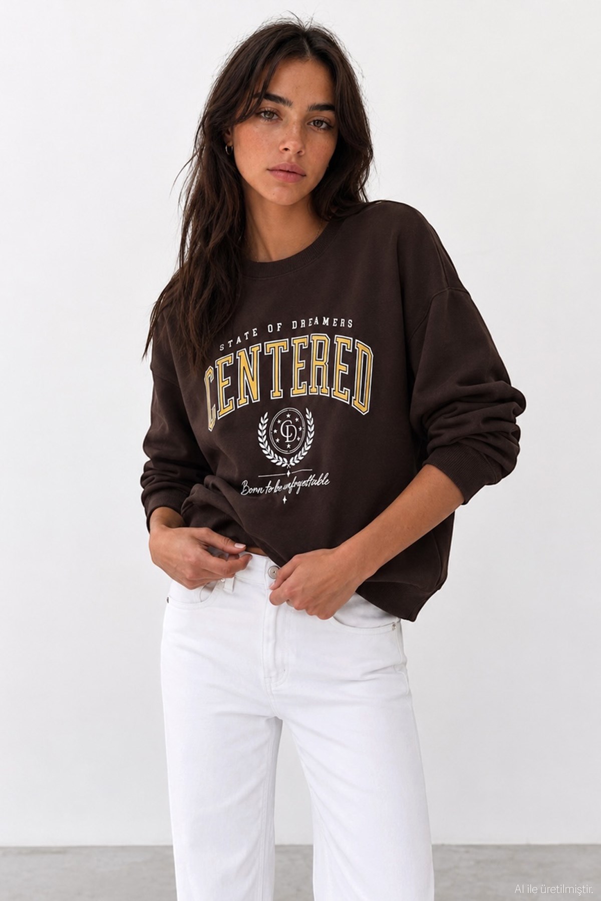 Quzu Baskı Detaylı Sweatshirt Kahve