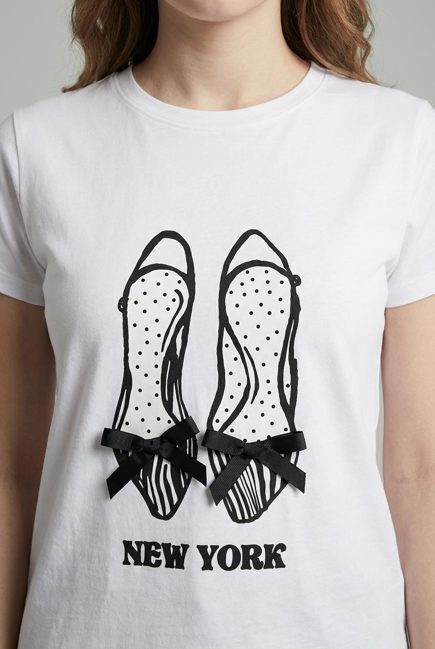 Quzu Baskı Detaylı T-shirt Ekru