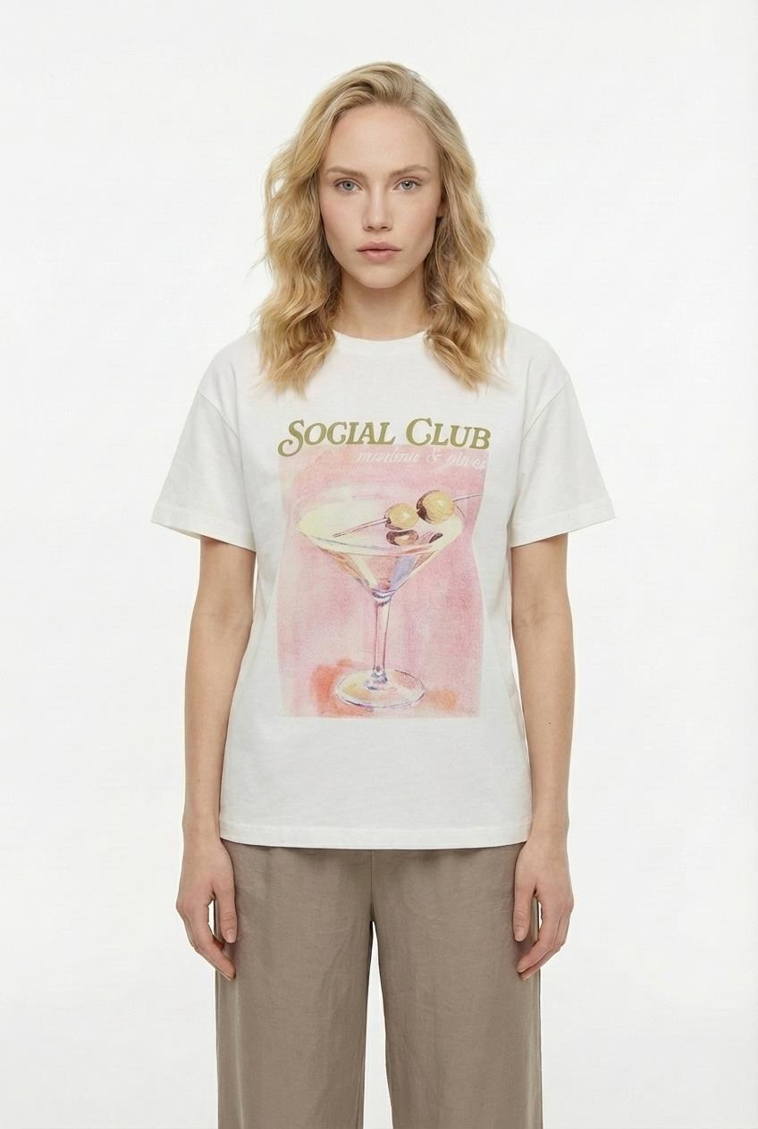 Quzu Baskı Detaylı T-shirt Ekru