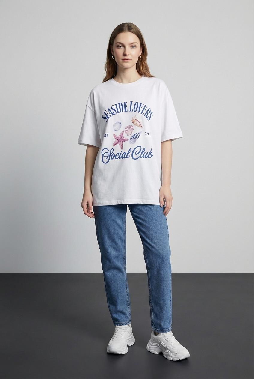 Quzu Baskı Detaylı T-shirt Ekru