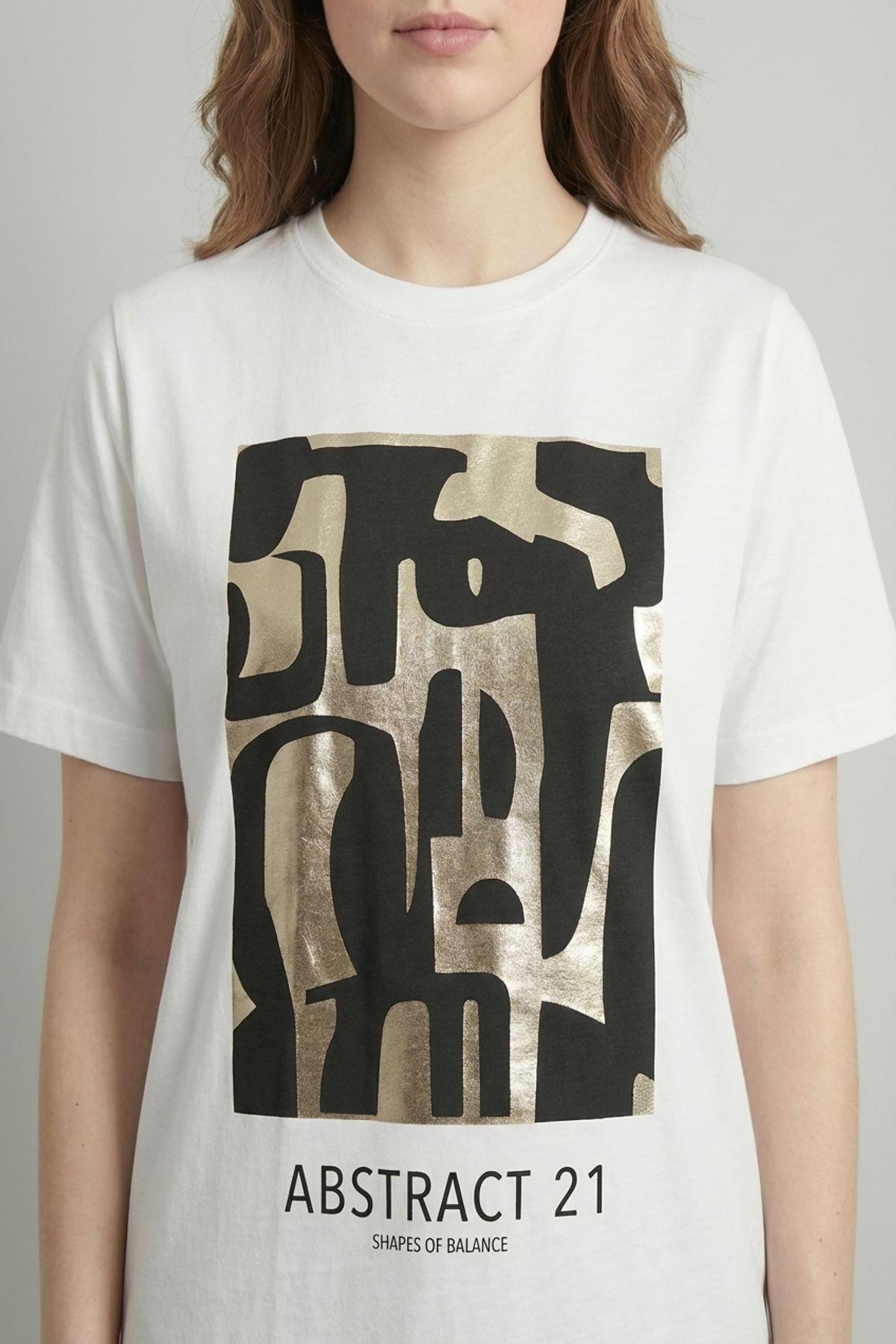 Quzu Baskı Detaylı T-shirt Ekru