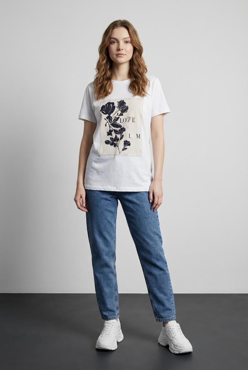 Quzu Baskı Detaylı T-shirt Ekru