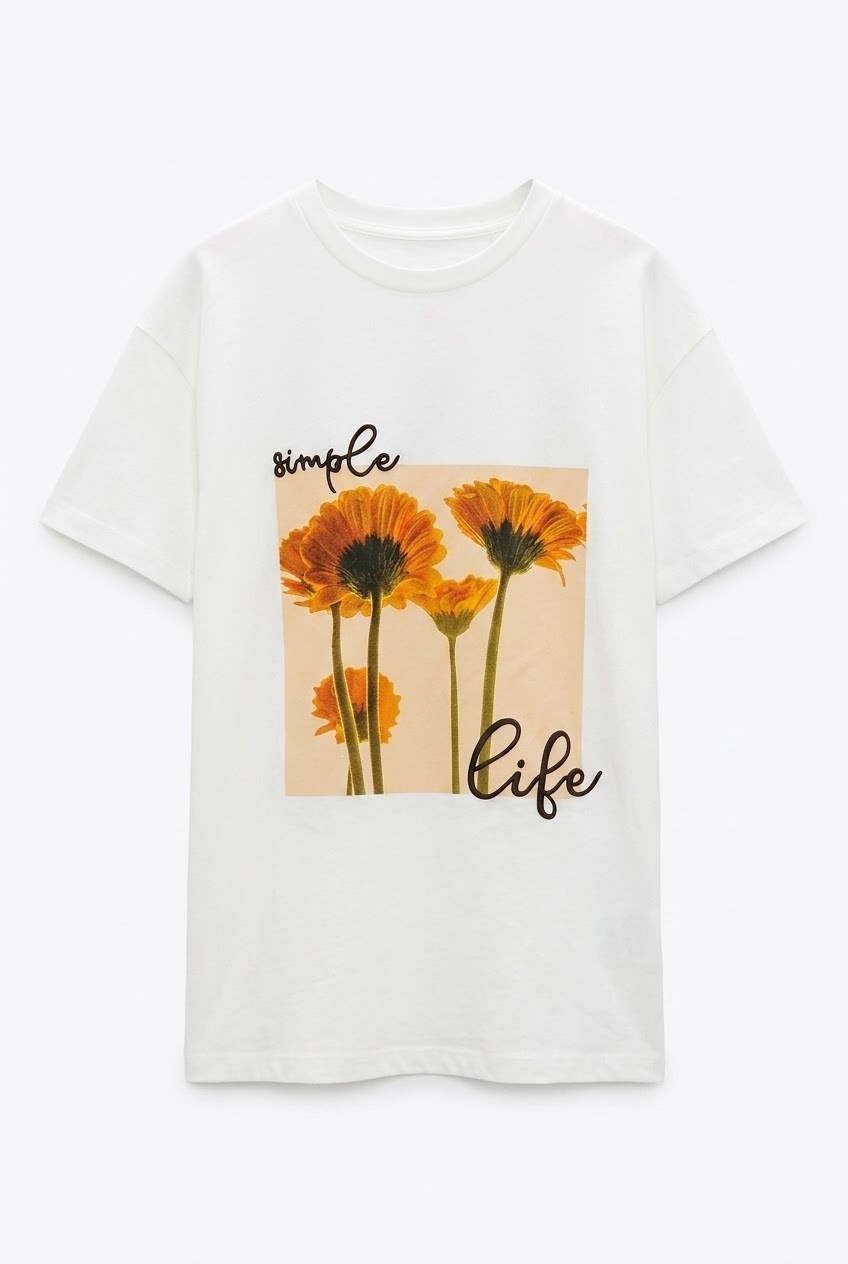 Quzu Baskı Detaylı T-shirt Ekru