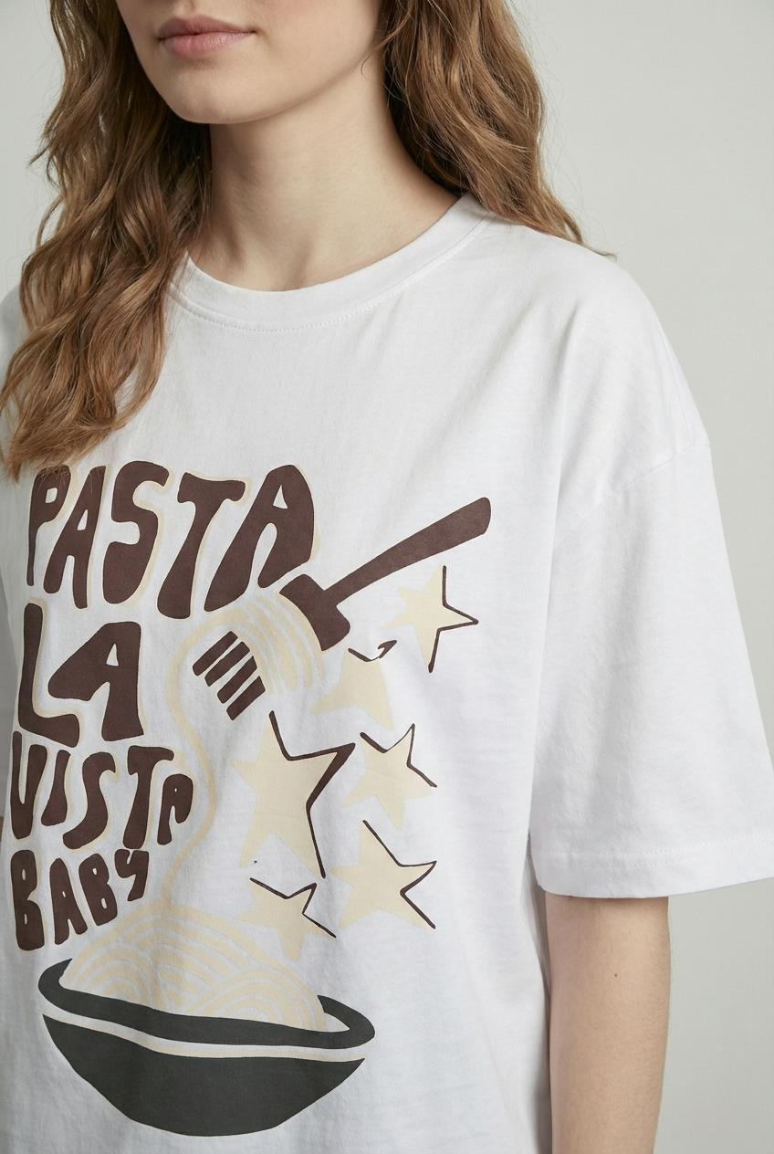 Quzu Baskı Detaylı T-shirt Ekru