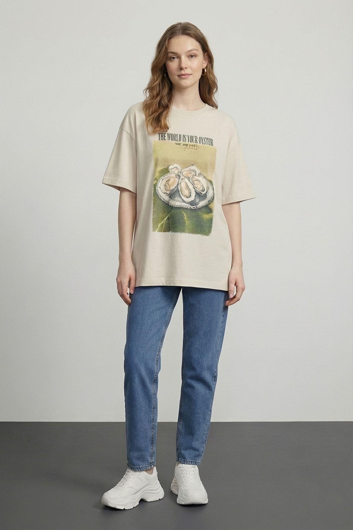 Quzu Baskı Detaylı T-shirt Taş