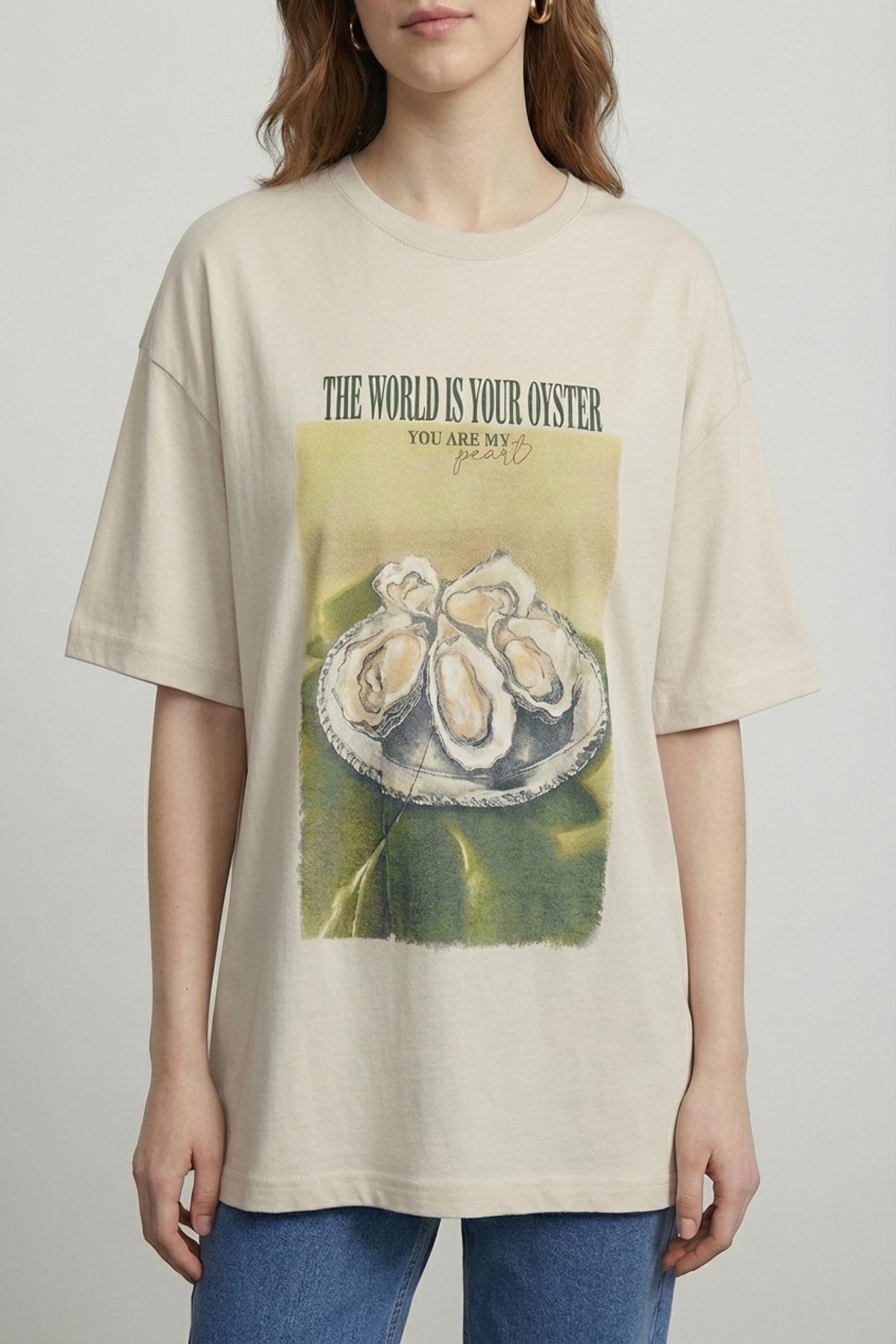 Quzu Baskı Detaylı T-shirt Taş