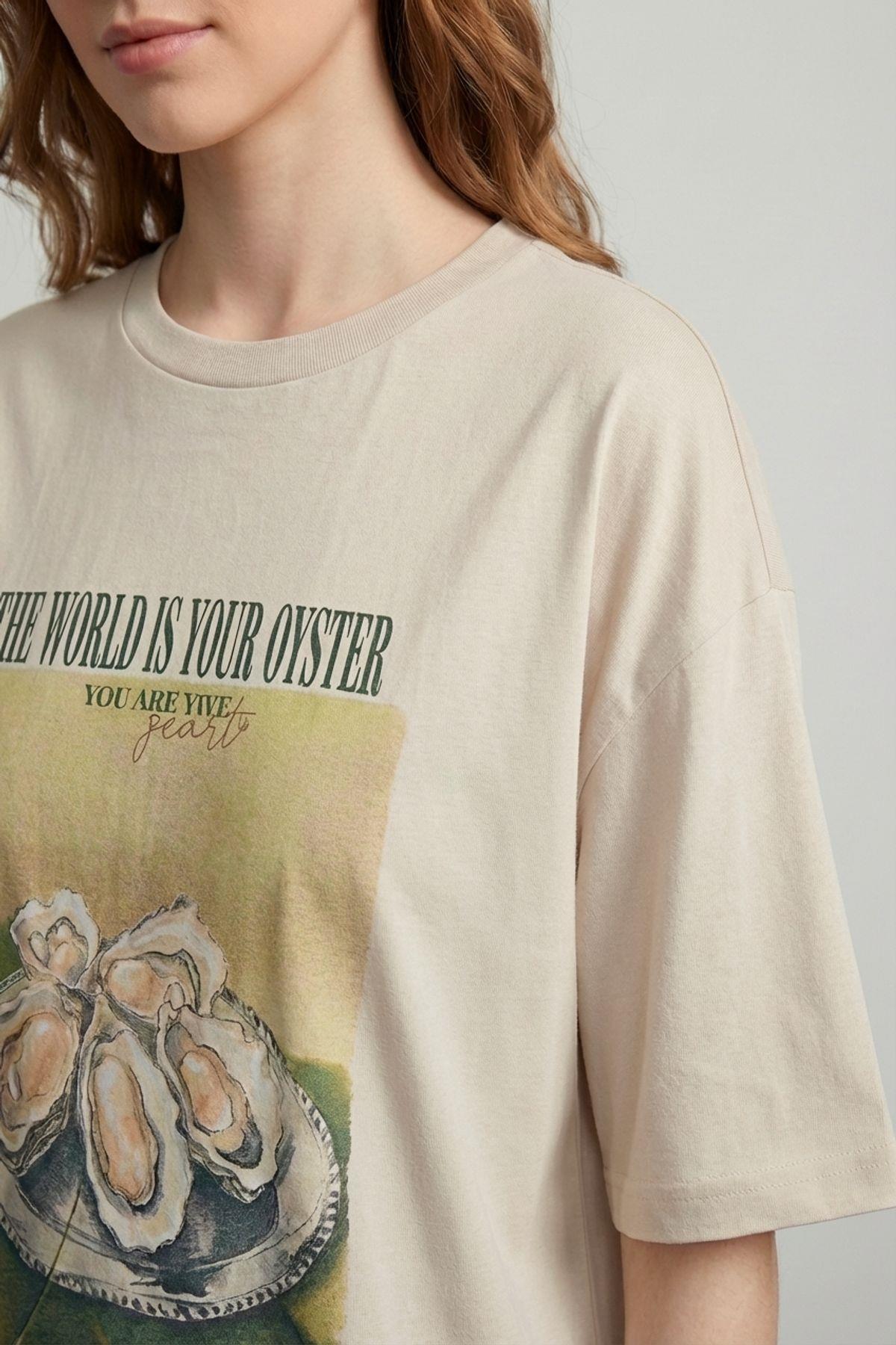 Quzu Baskı Detaylı T-shirt Taş