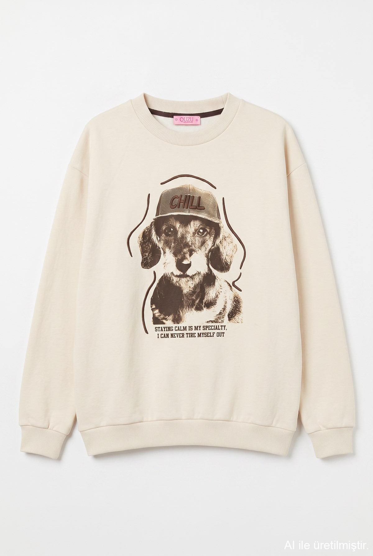 Quzu Baskı Nakış Detaylı Sweatshirt Bej