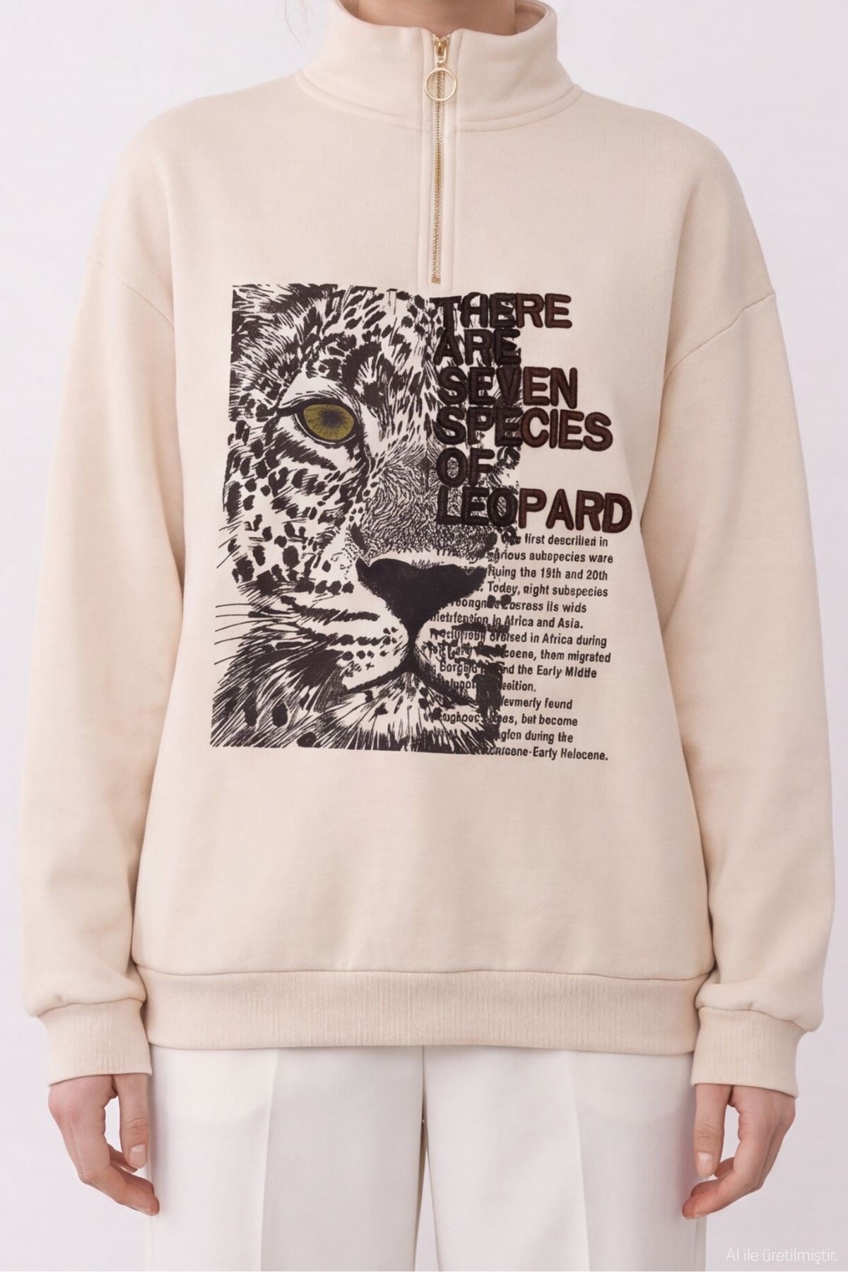 Quzu Baskı Nakış Detaylı Sweatshirt Bej