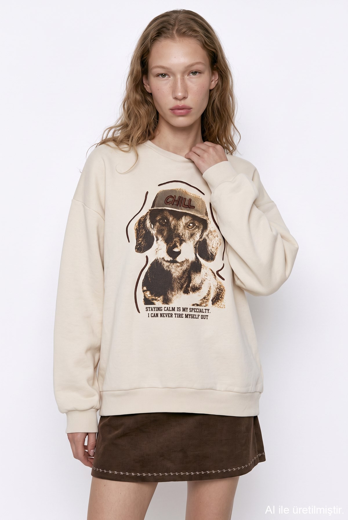 Quzu Baskı Nakış Detaylı Sweatshirt Bej