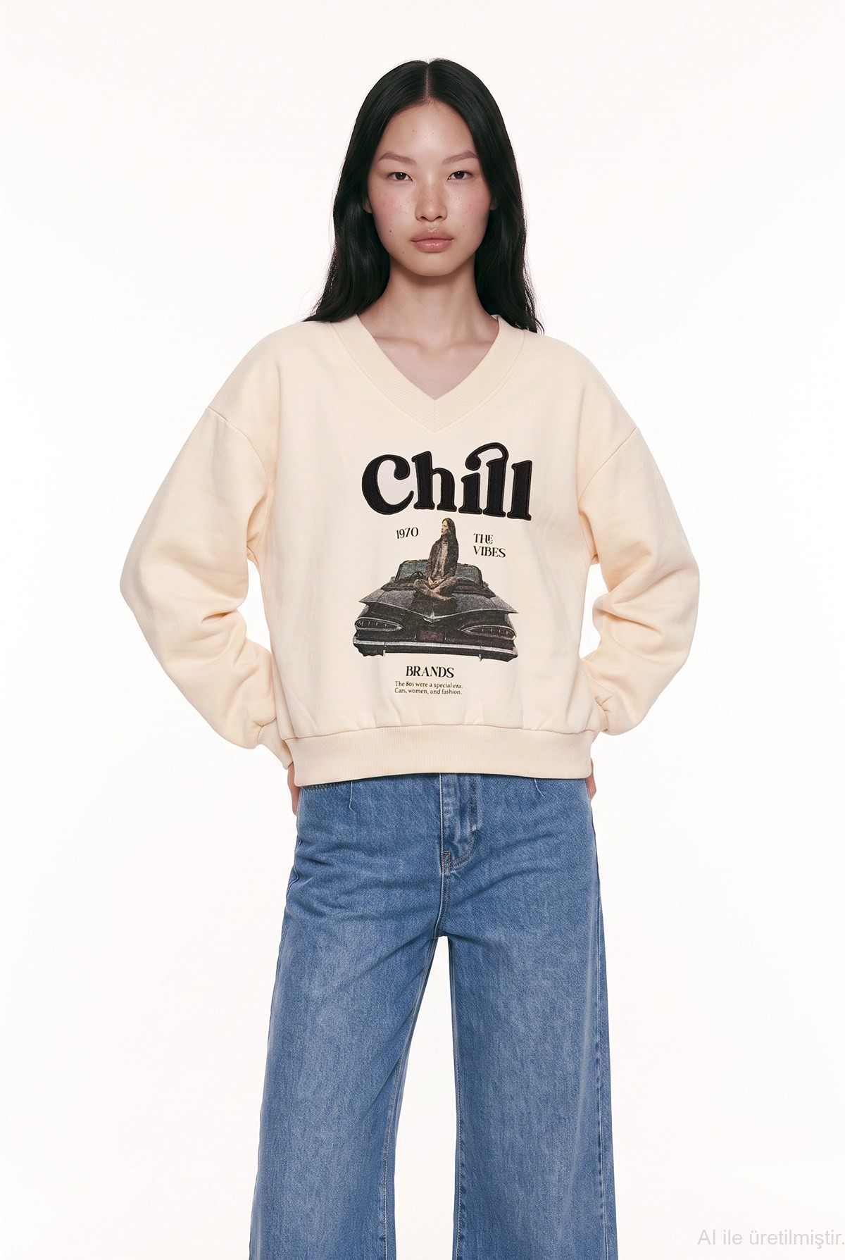 Quzu Baskı Nakış Detaylı Sweatshirt Bej